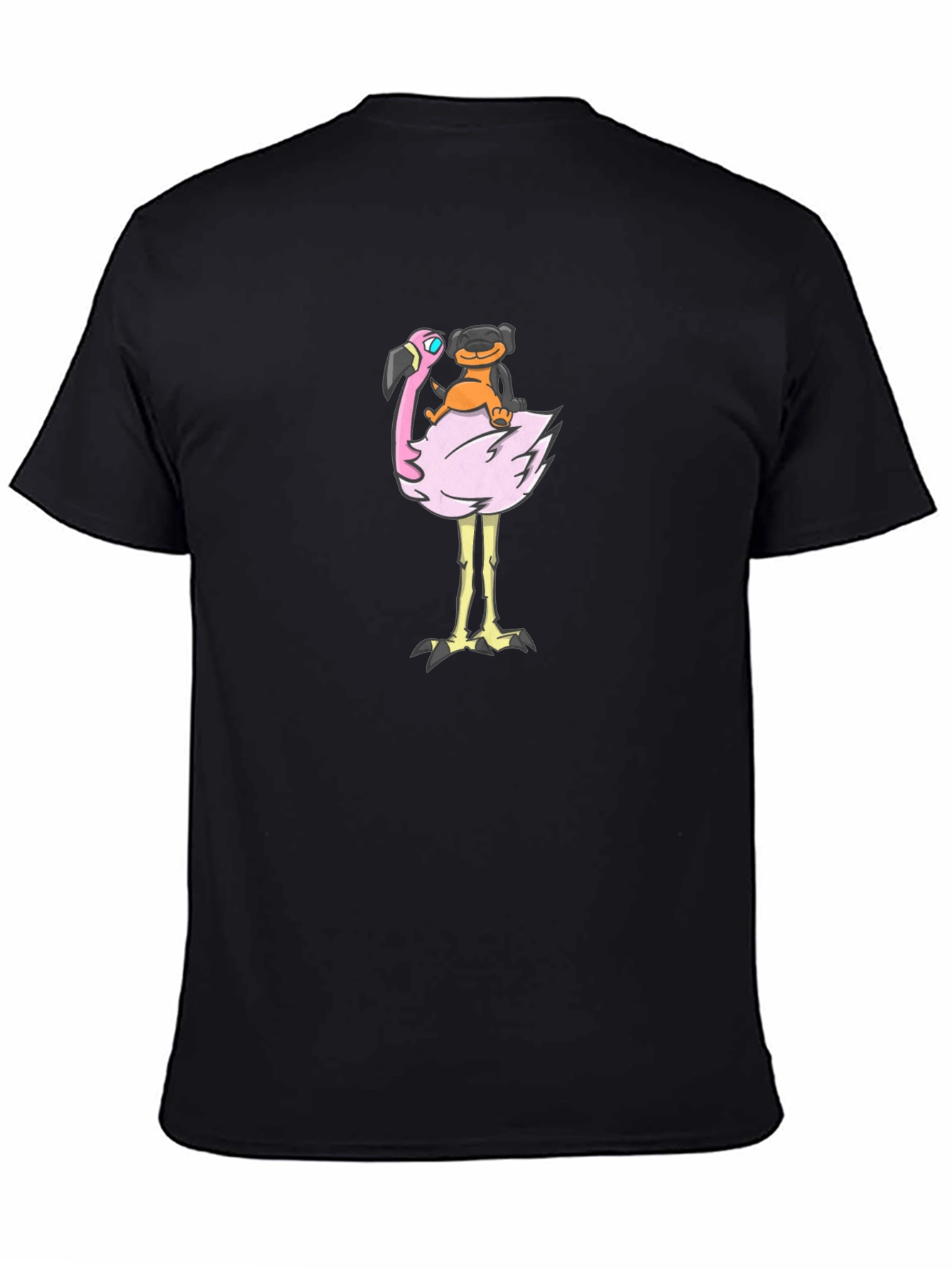 Dog Riding Flamingo Graphic T-Shirt - Fun Black Tee
