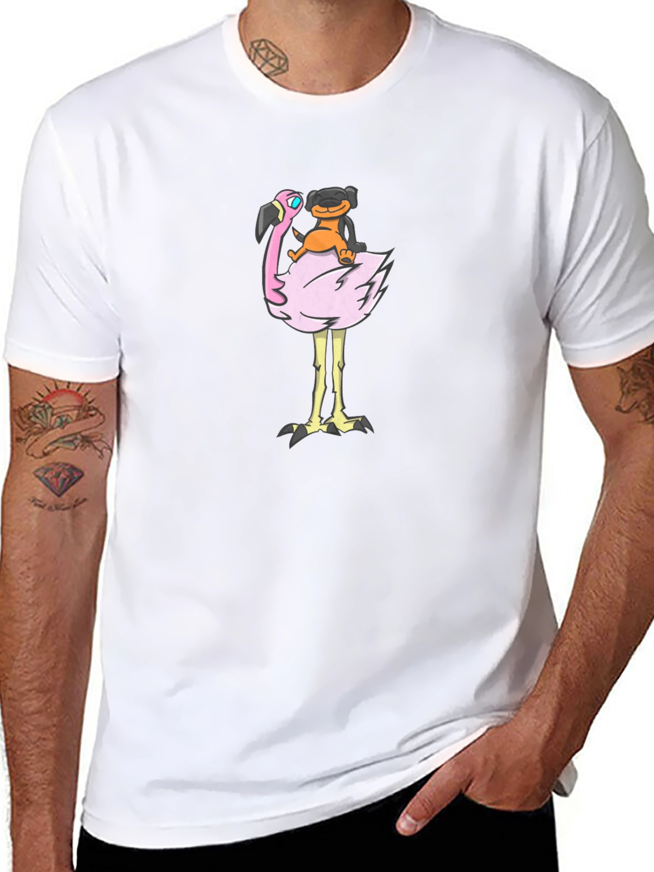 Dog Riding Flamingo Graphic T-Shirt - Fun Black Tee