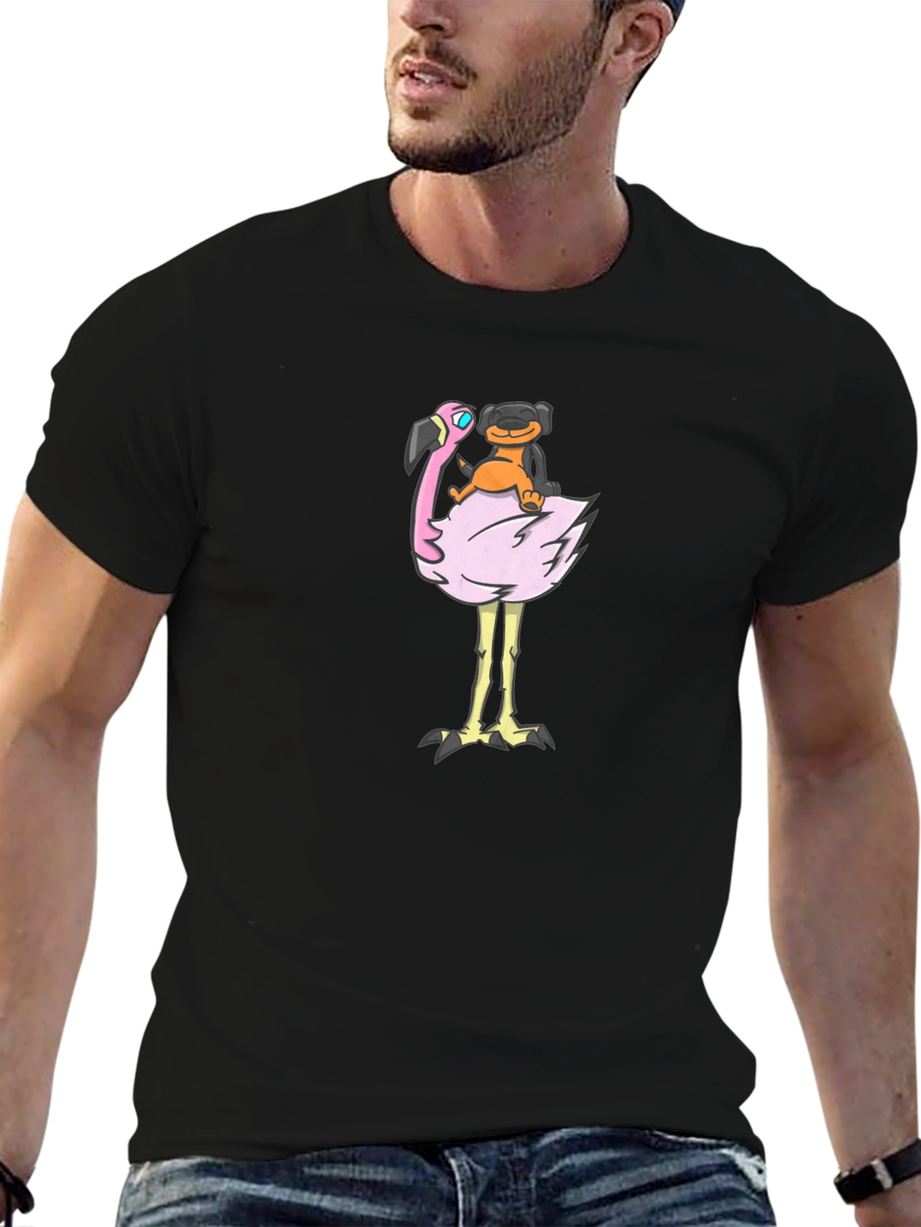 Dog Riding Flamingo Graphic T-Shirt - Fun Black Tee