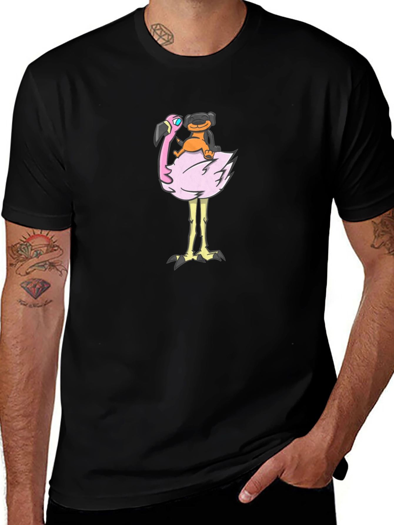 Dog Riding Flamingo Graphic T-Shirt - Fun Black Tee