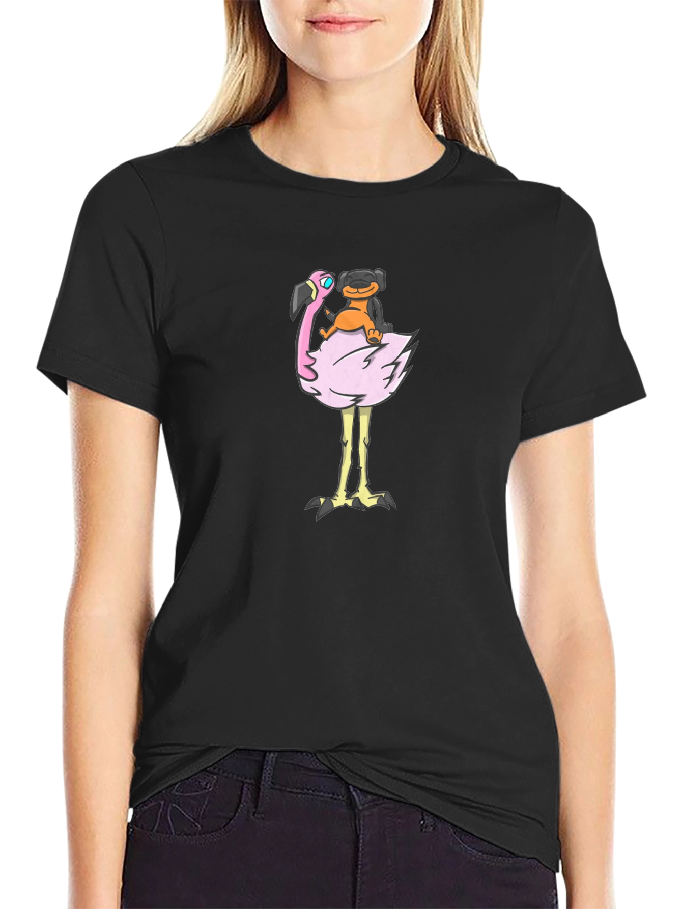 Dog Riding Flamingo Graphic T-Shirt - Fun Black Tee