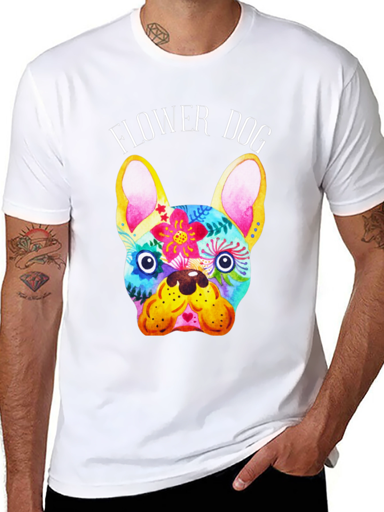 Flower Dog Graphic Tee - Stylish Bulldog Print