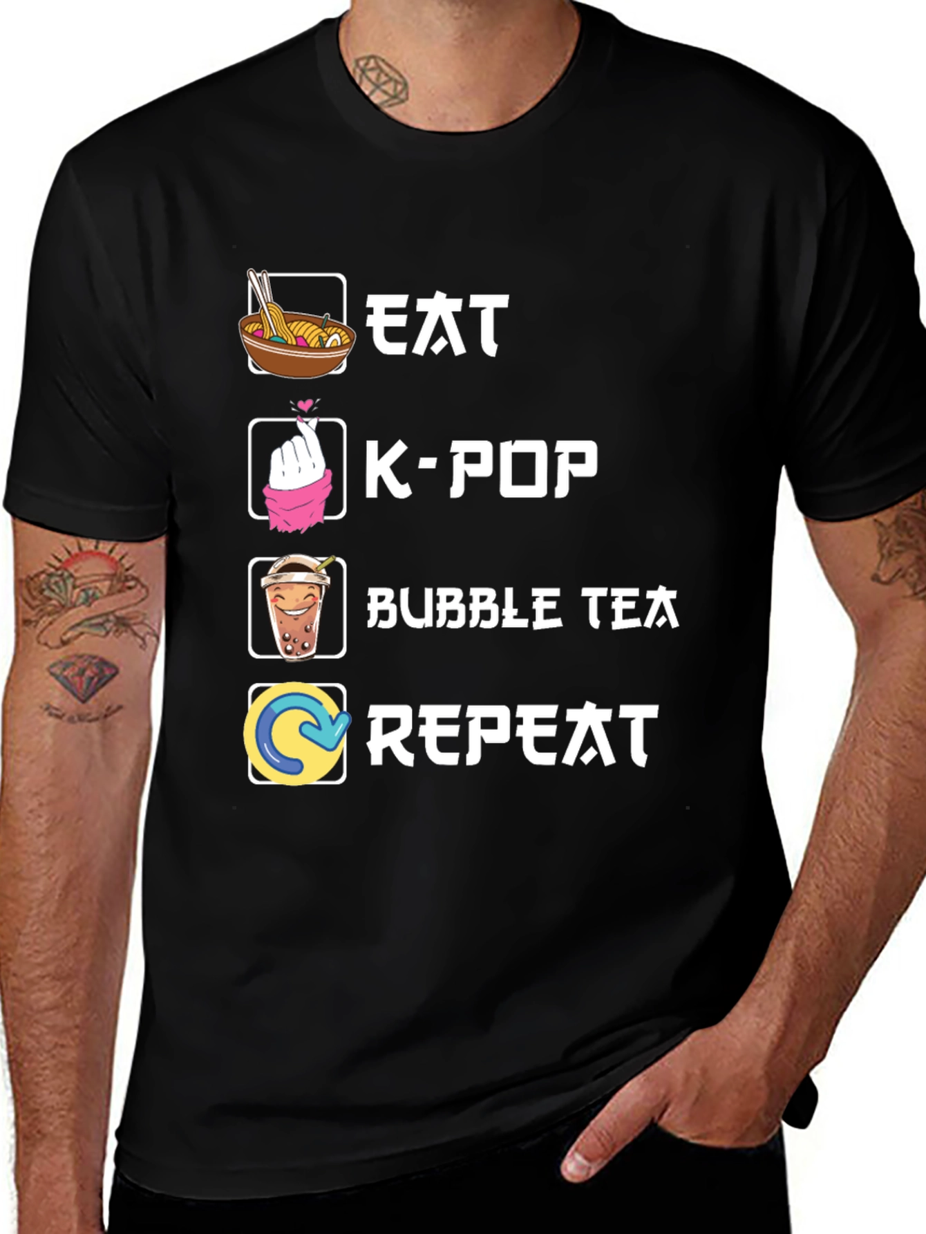 Eat K-Pop Bubble Tea Repeat Black T-Shirt