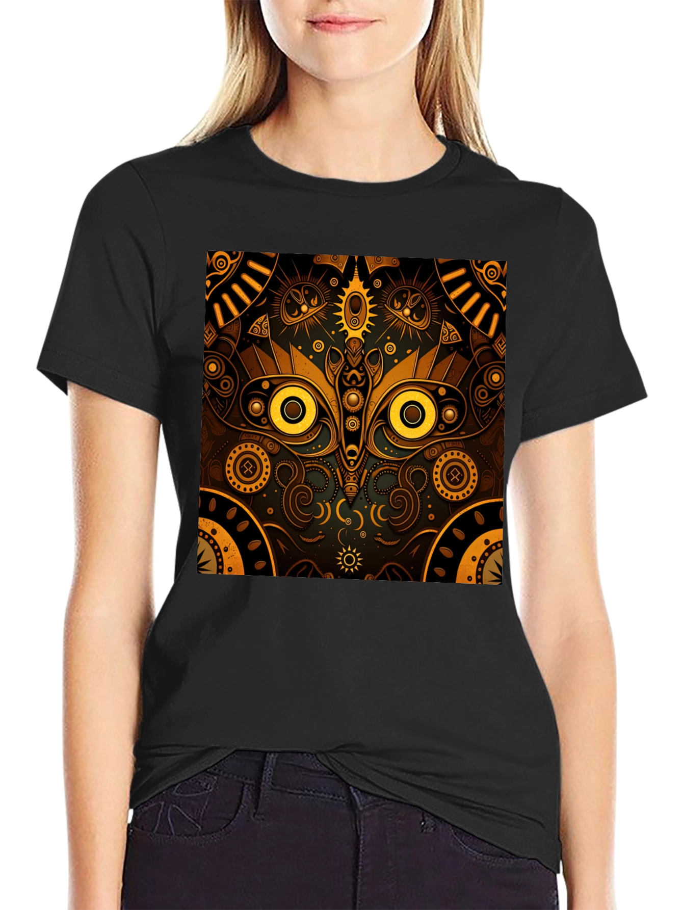 Aztec Owl Graphic Print Black Tee