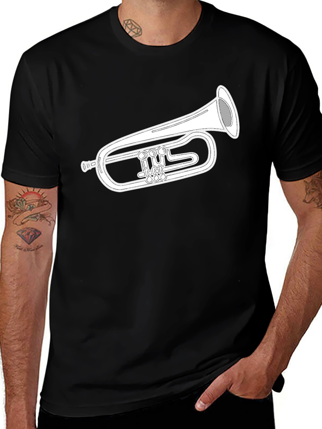 Musical Instrument T-Shirt - Black Cotton Flugelhorn Design