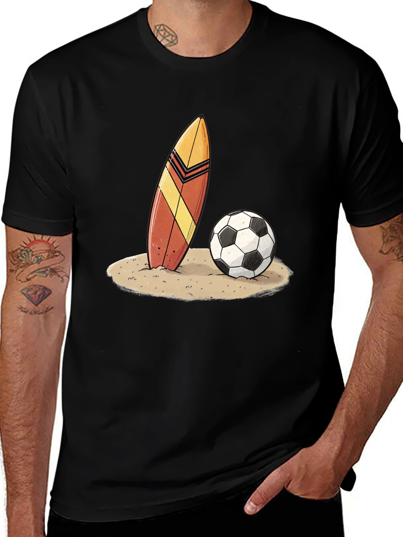 Surfboard and Soccer Ball Graphic Tee - Beach Vibes