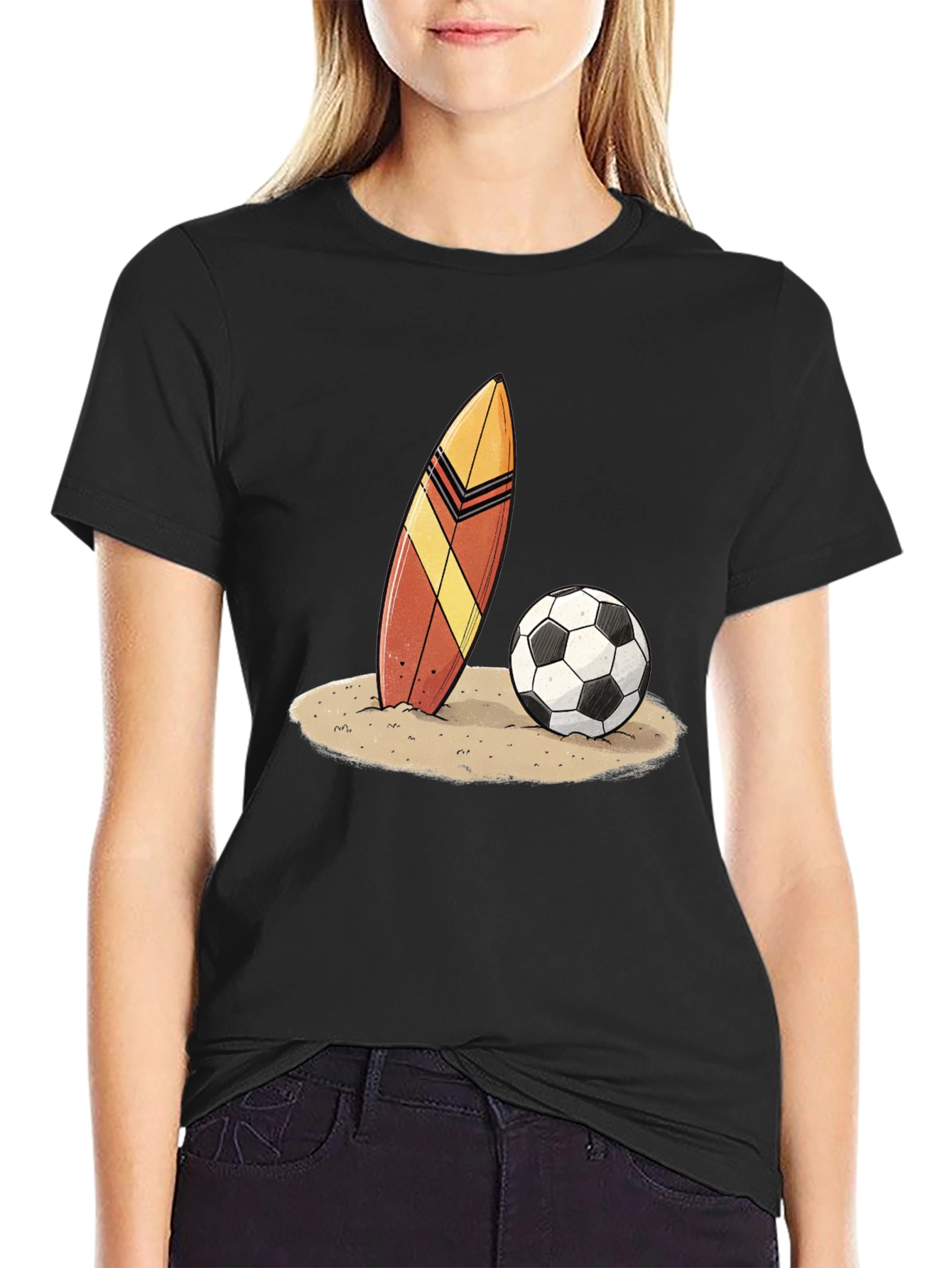 Surfboard and Soccer Ball Graphic Tee - Beach Vibes