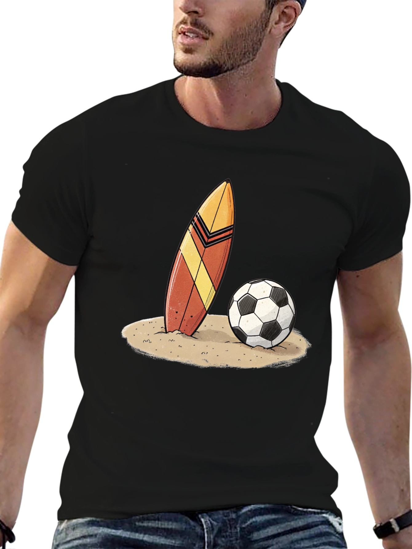 Surfboard and Soccer Ball Graphic Tee - Beach Vibes