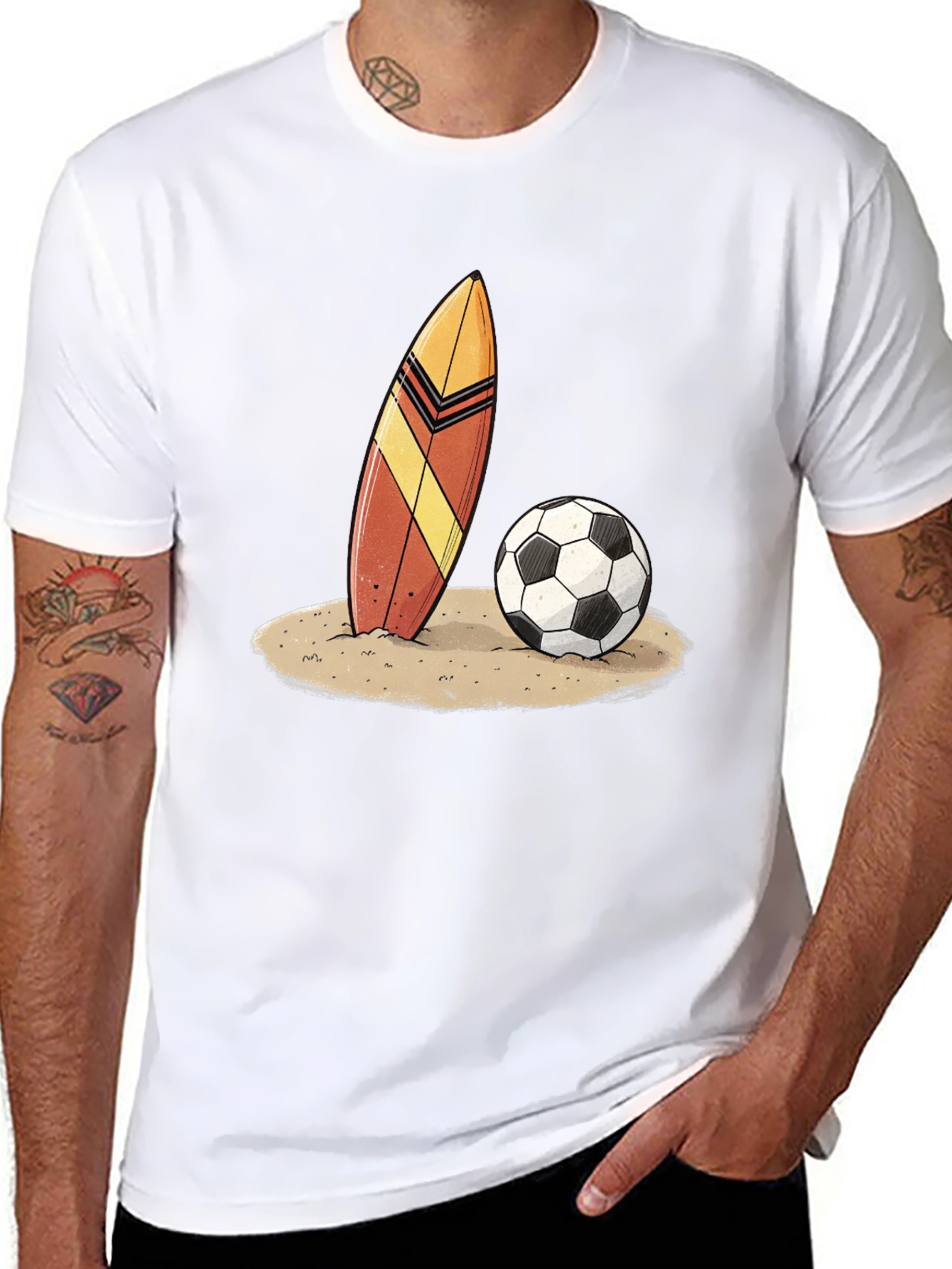 Surfboard and Soccer Ball Graphic Tee - Beach Vibes