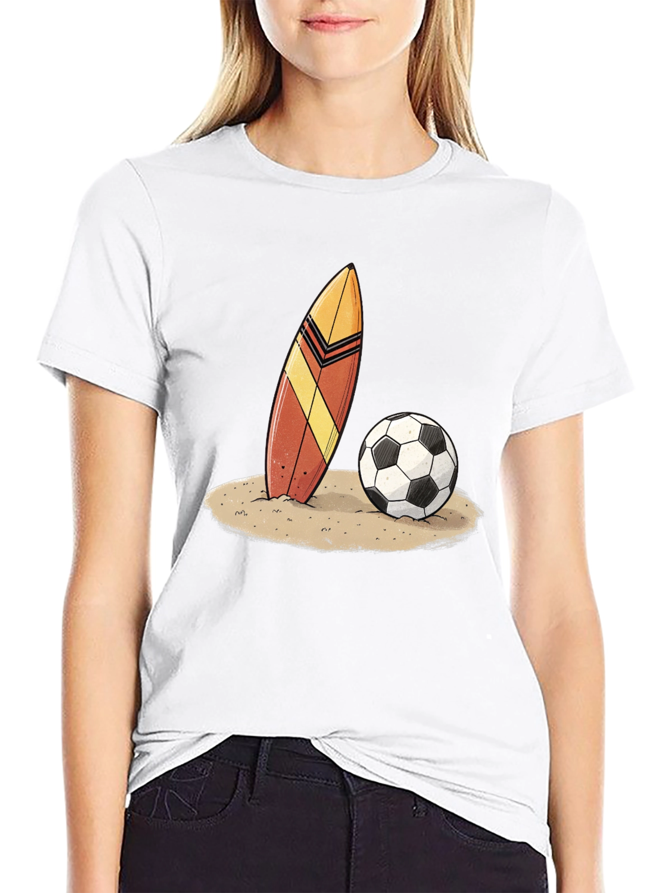 Surfboard and Soccer Ball Graphic Tee - Beach Vibes