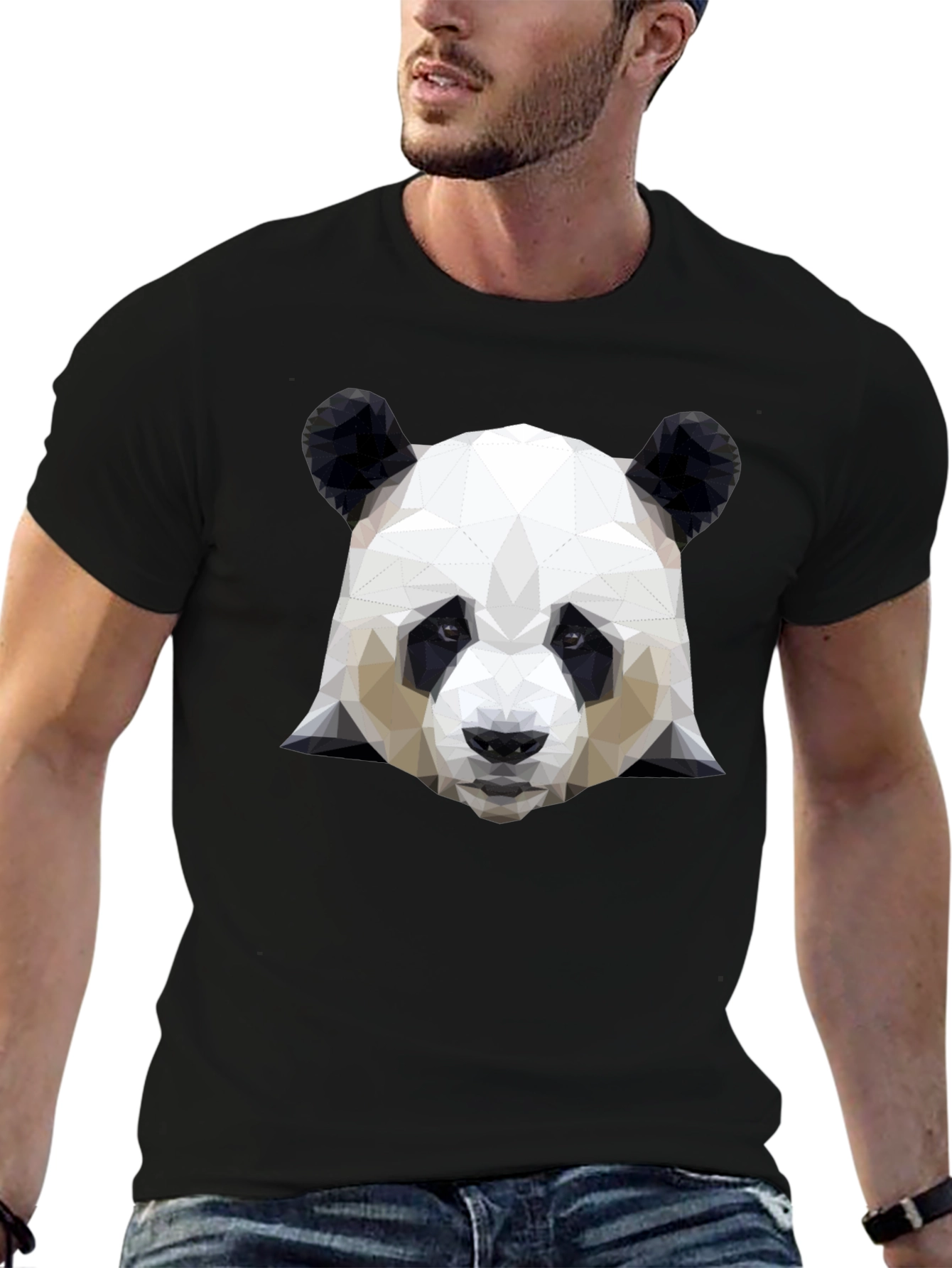 Geometric Panda Head Graphic Black T-Shirt