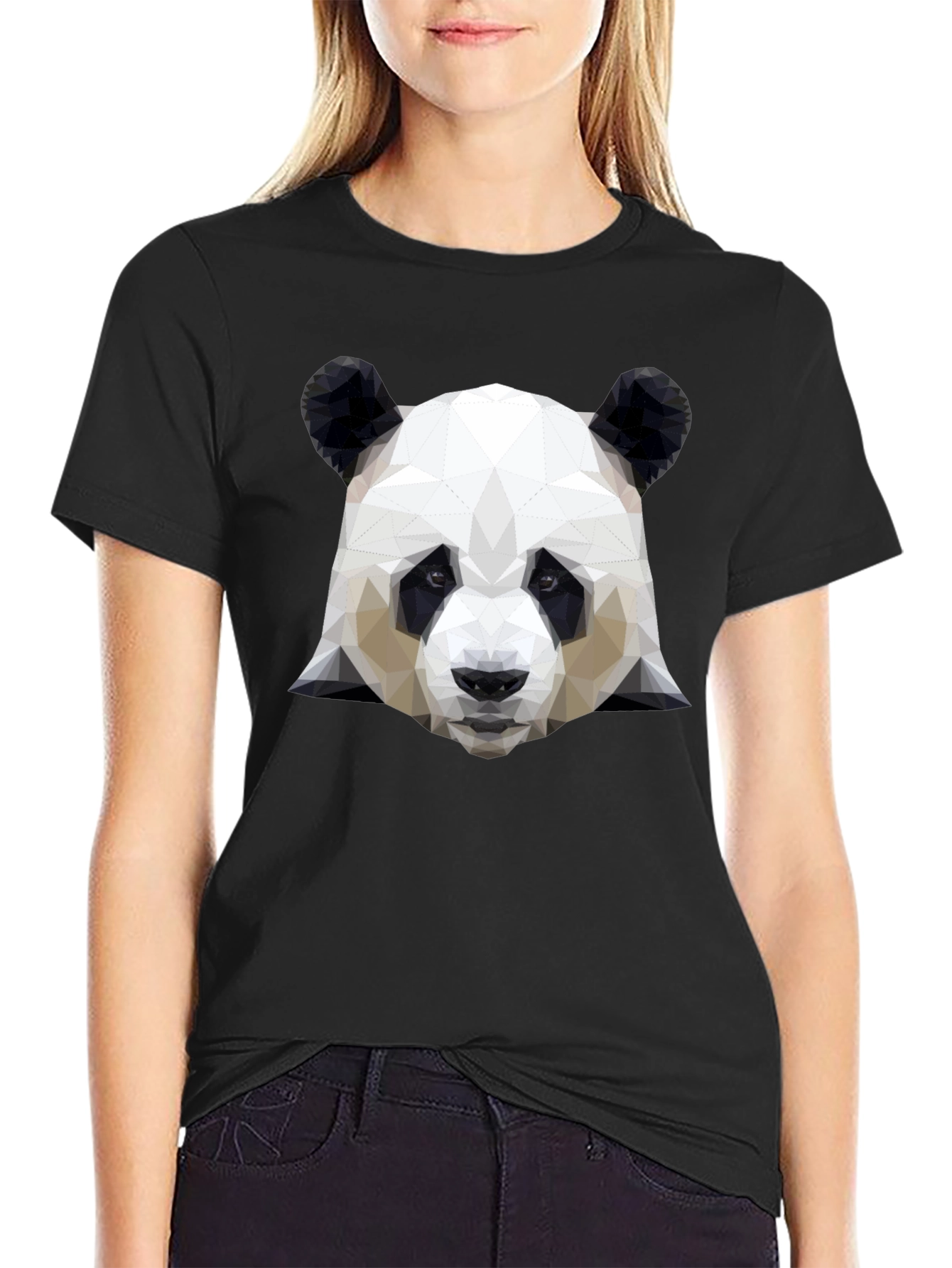 Geometric Panda Head Graphic Black T-Shirt