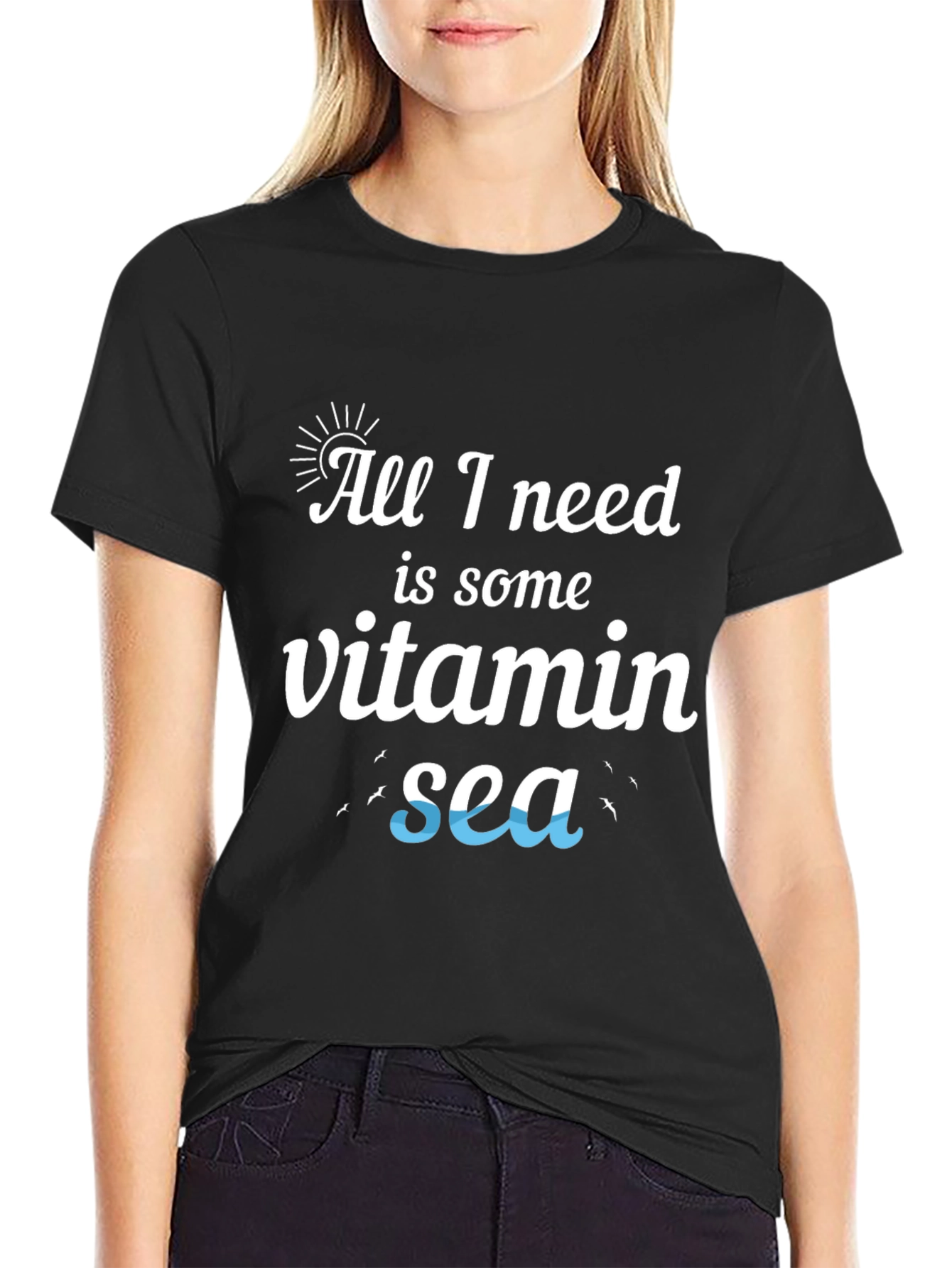 Vitamin Sea Black Cotton T-Shirt - Beach Lover Tee