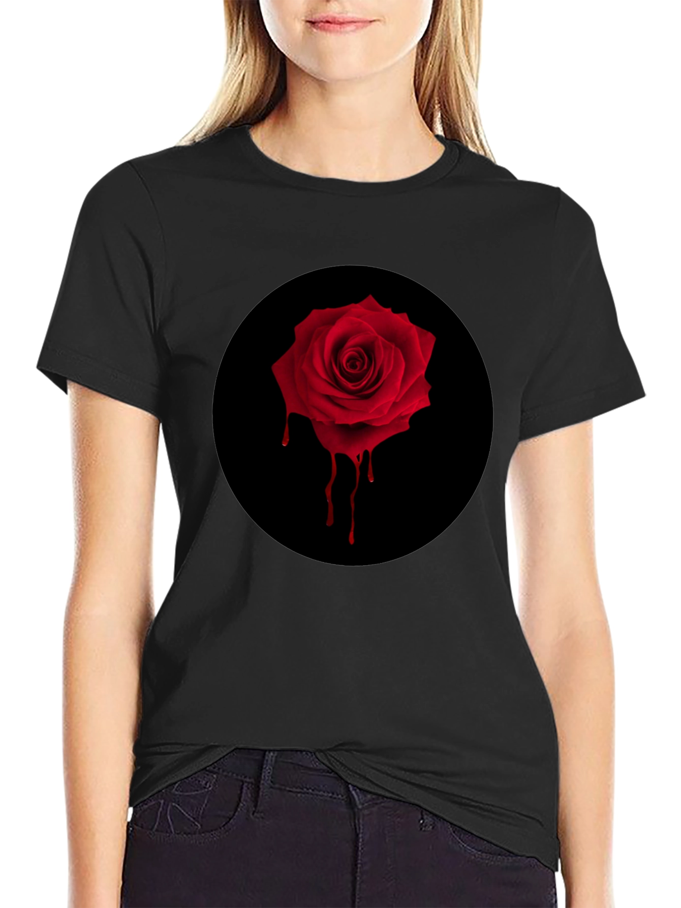 Gothic Rose Drip Tee - Black Graphic Print