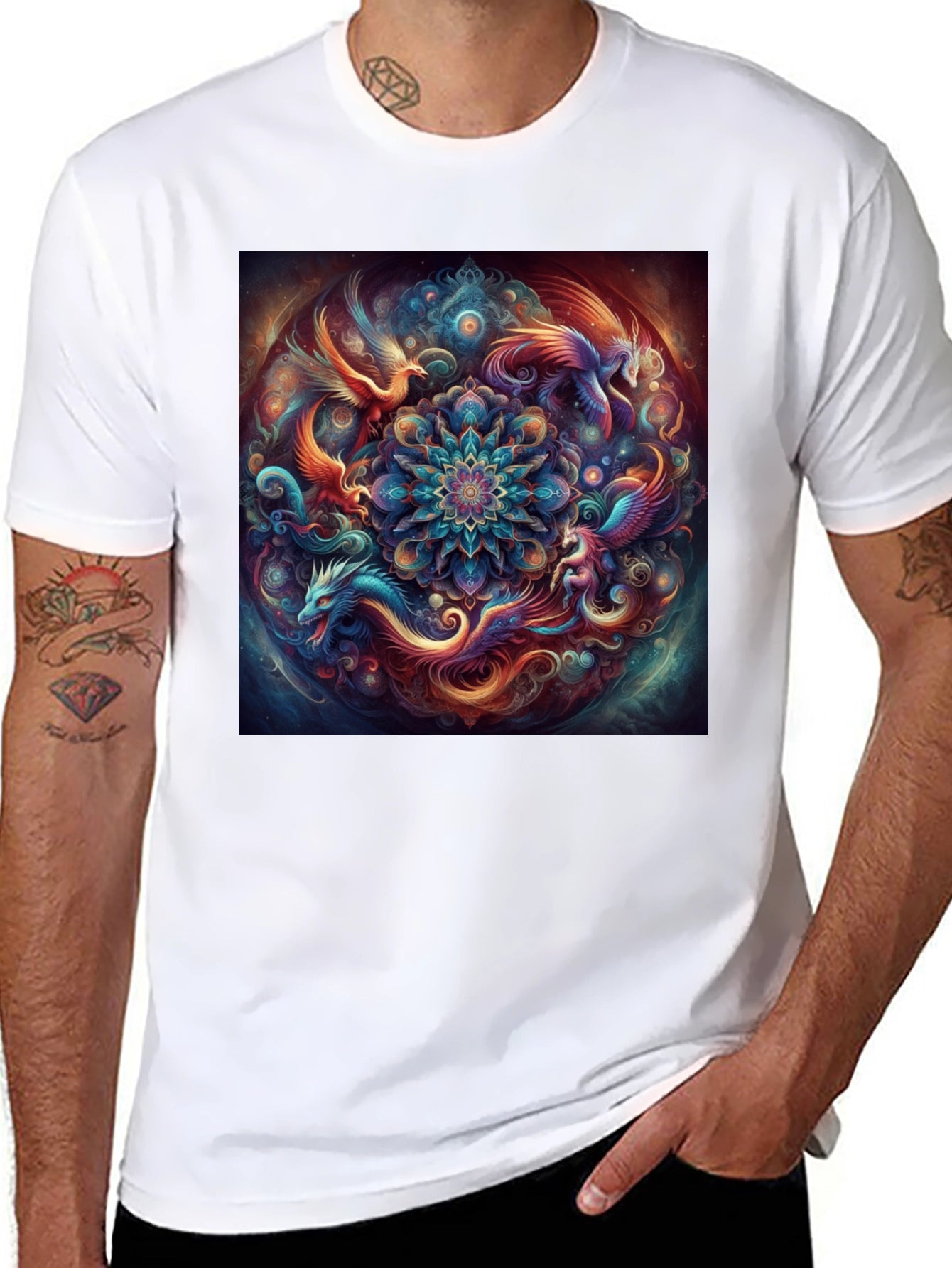 Mystic Phoenix Dragon Mandala Black T-Shirt