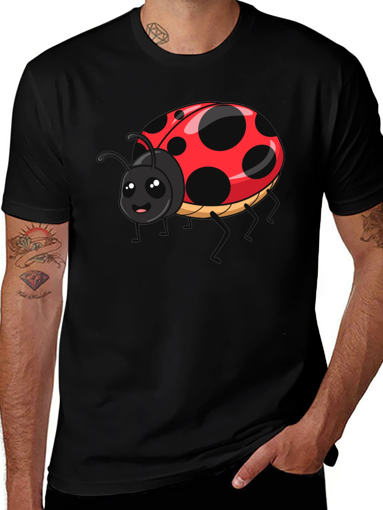 Cute Ladybug Graphic Tee - Black Cotton T-Shirt