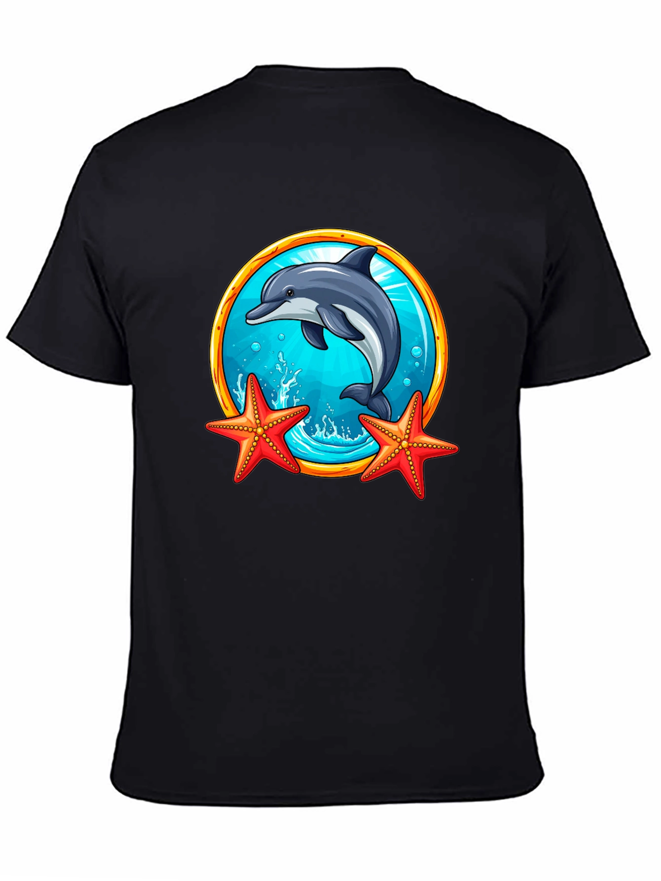 Dolphin Starfish Graphic Tee - Black Cotton Blend T-Shirt