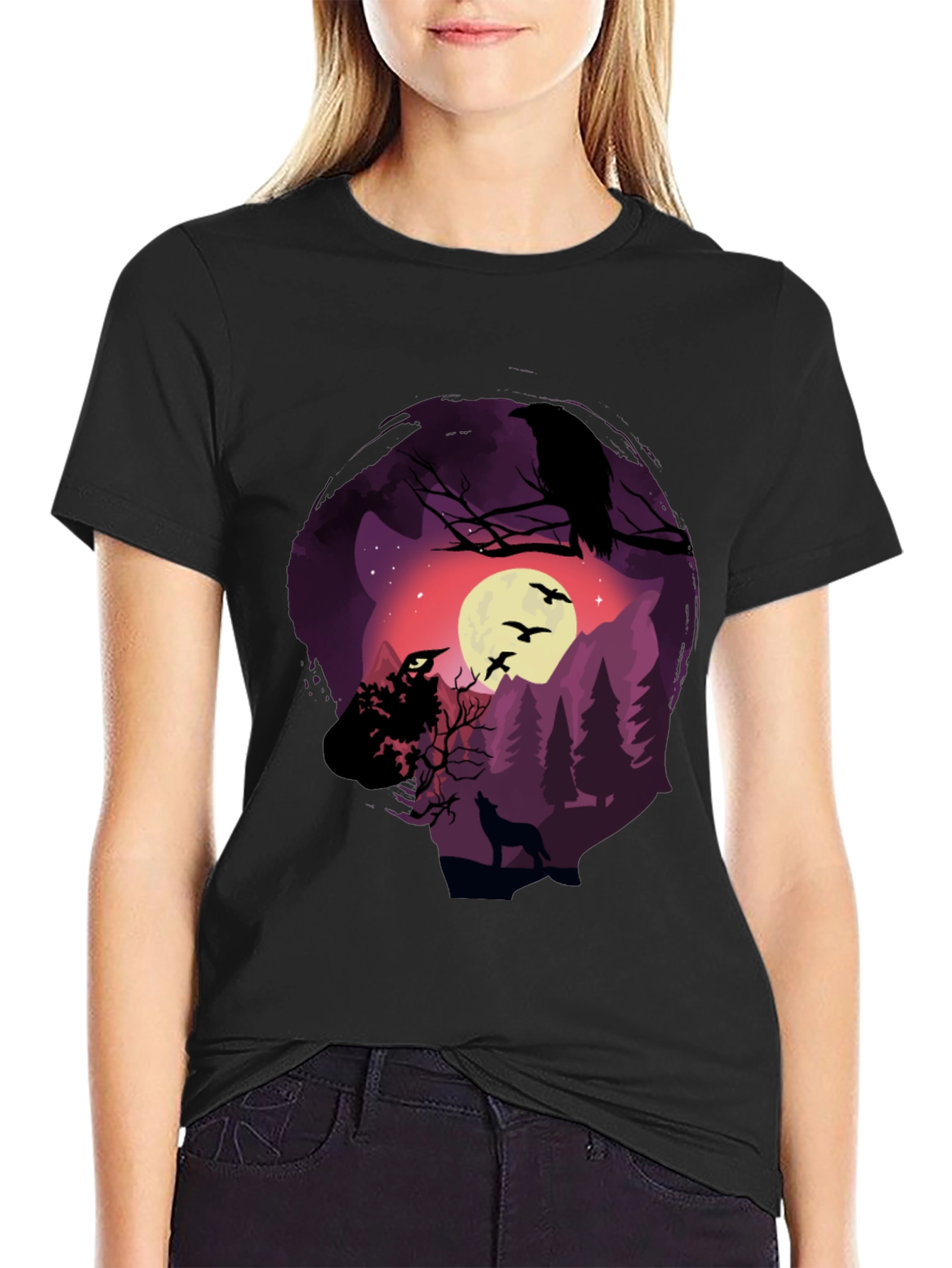 Raven Moon Wolf Graphic T-Shirt