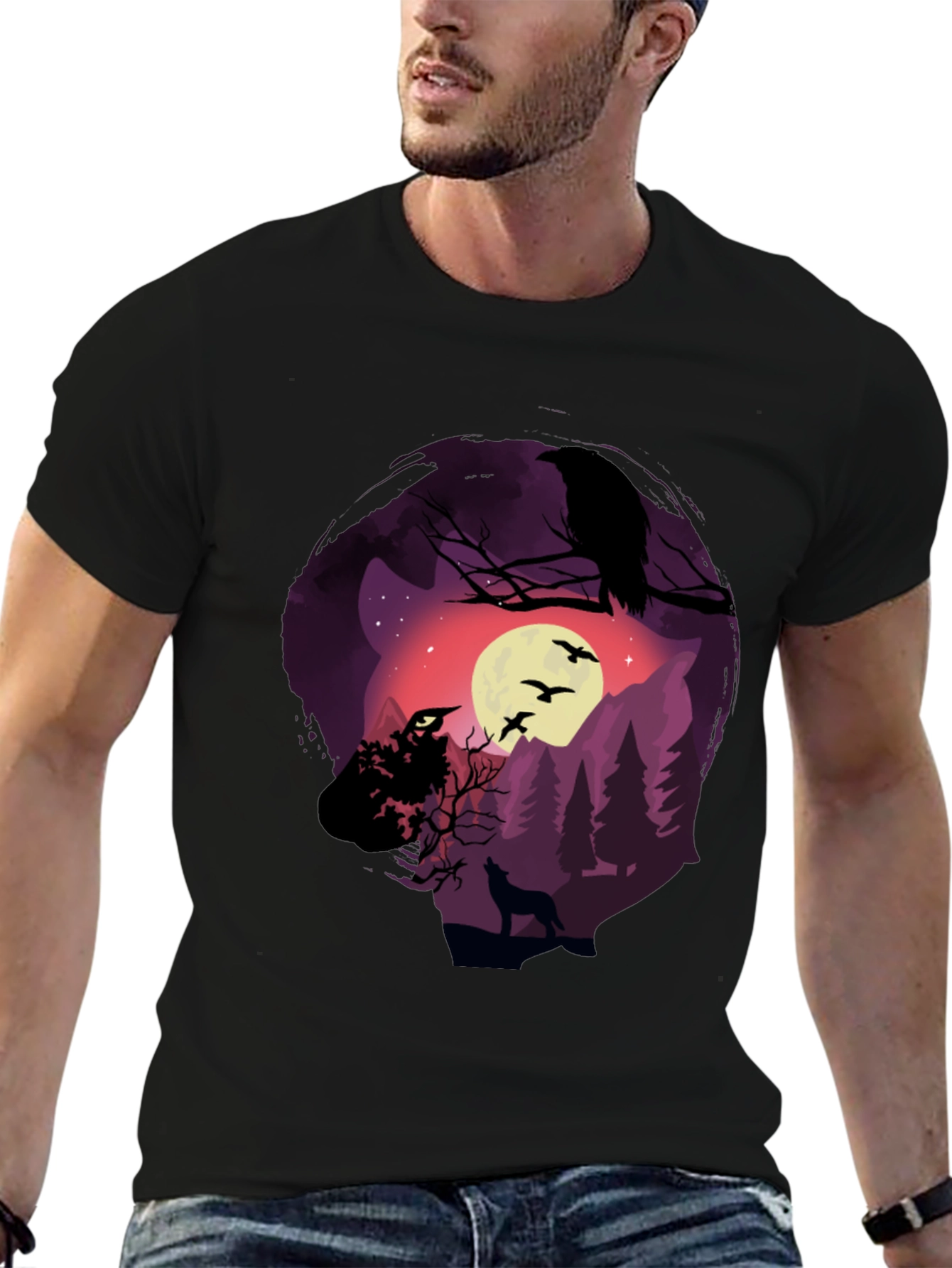 Raven Moon Wolf Graphic T-Shirt