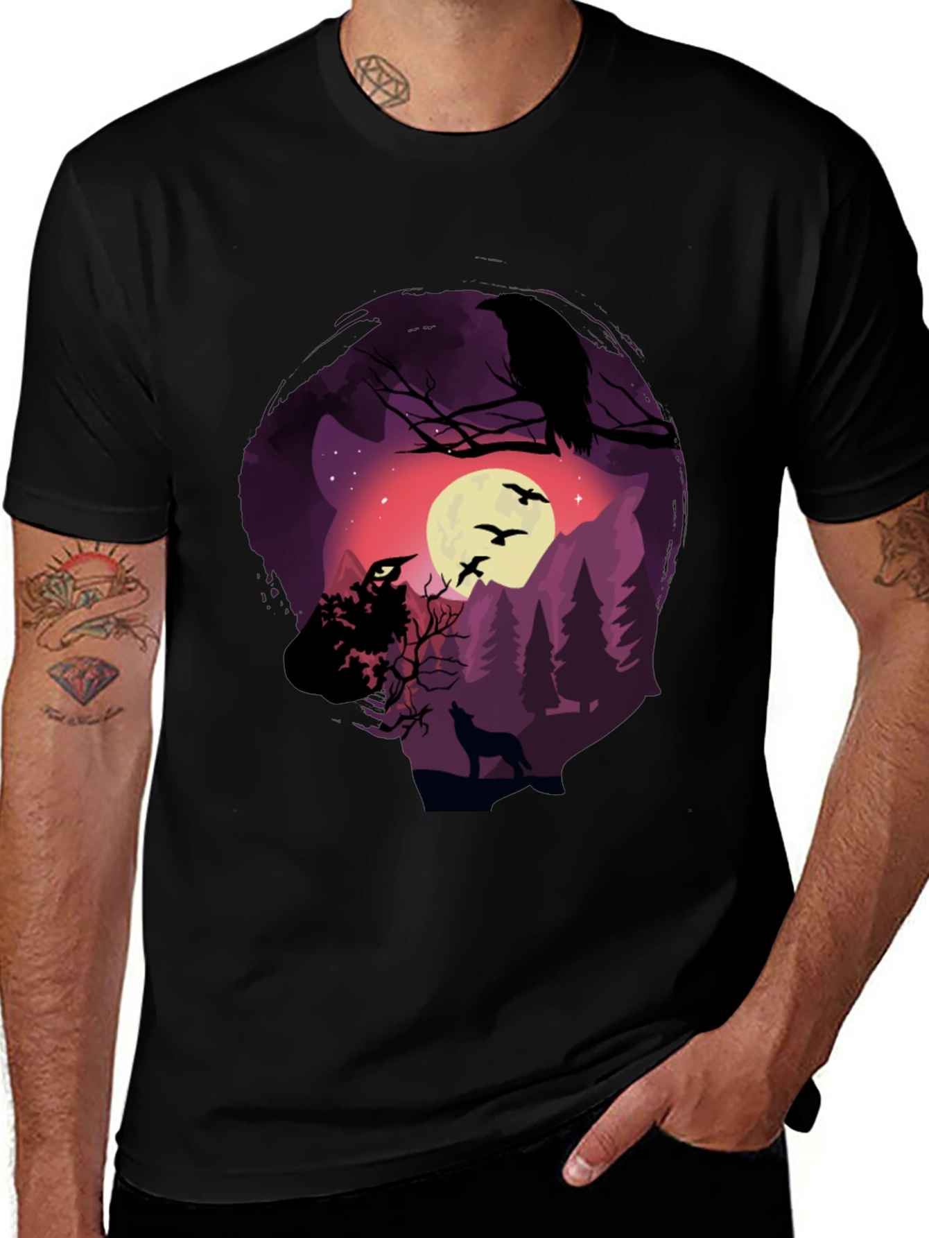 Raven Moon Wolf Graphic T-Shirt