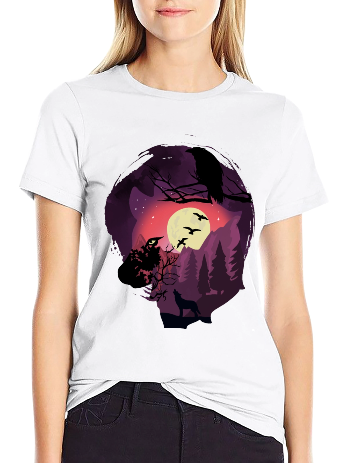 Raven Moon Wolf Graphic T-Shirt