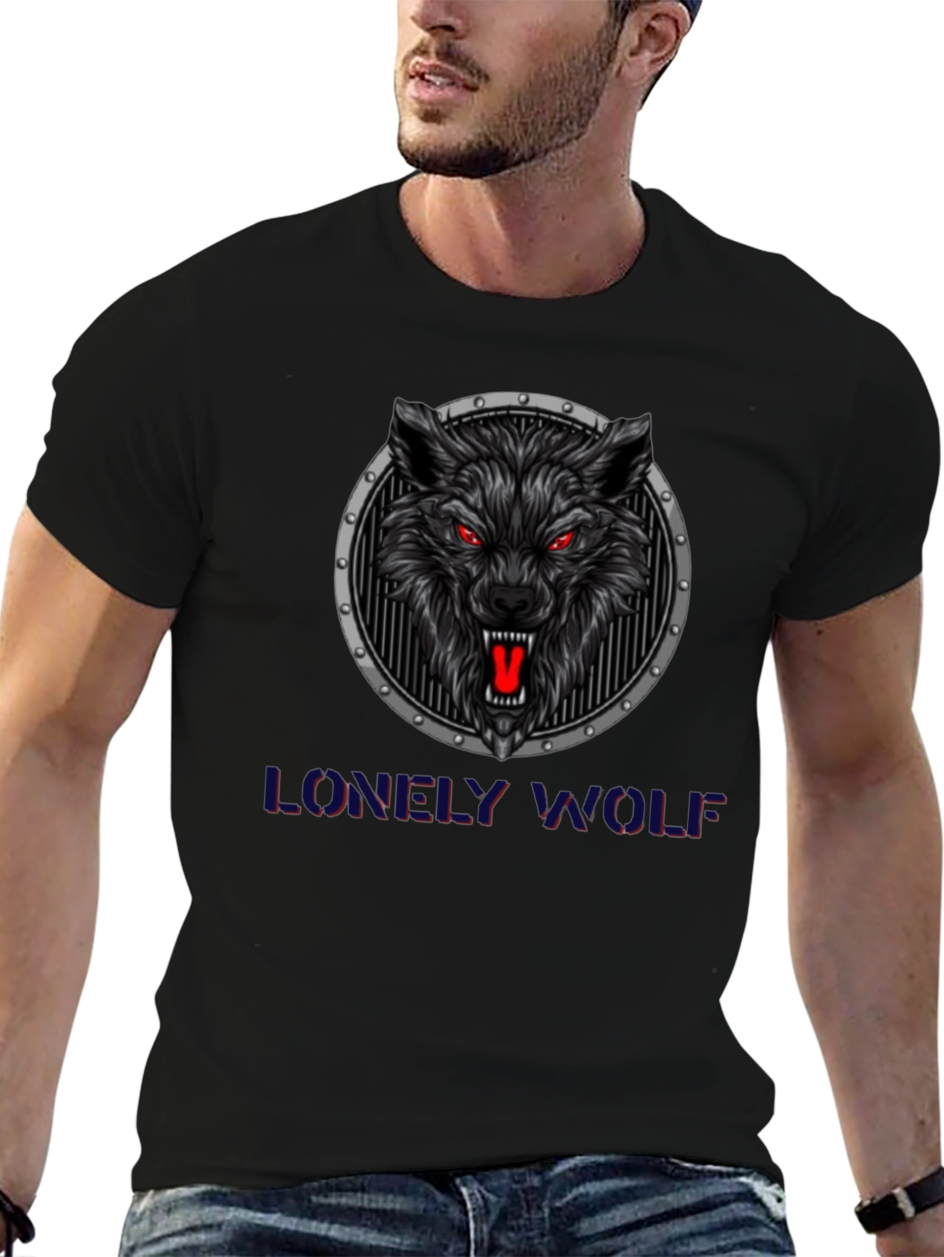 Lonely Wolf Graphic Print Black T-Shirt