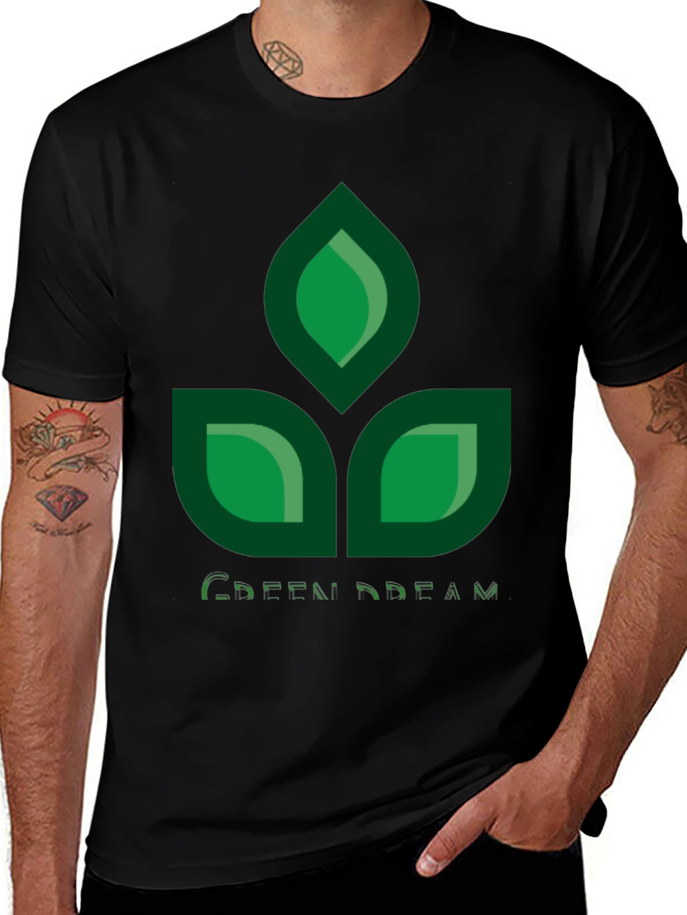 Green Dream Leaf Design Black T-Shirt