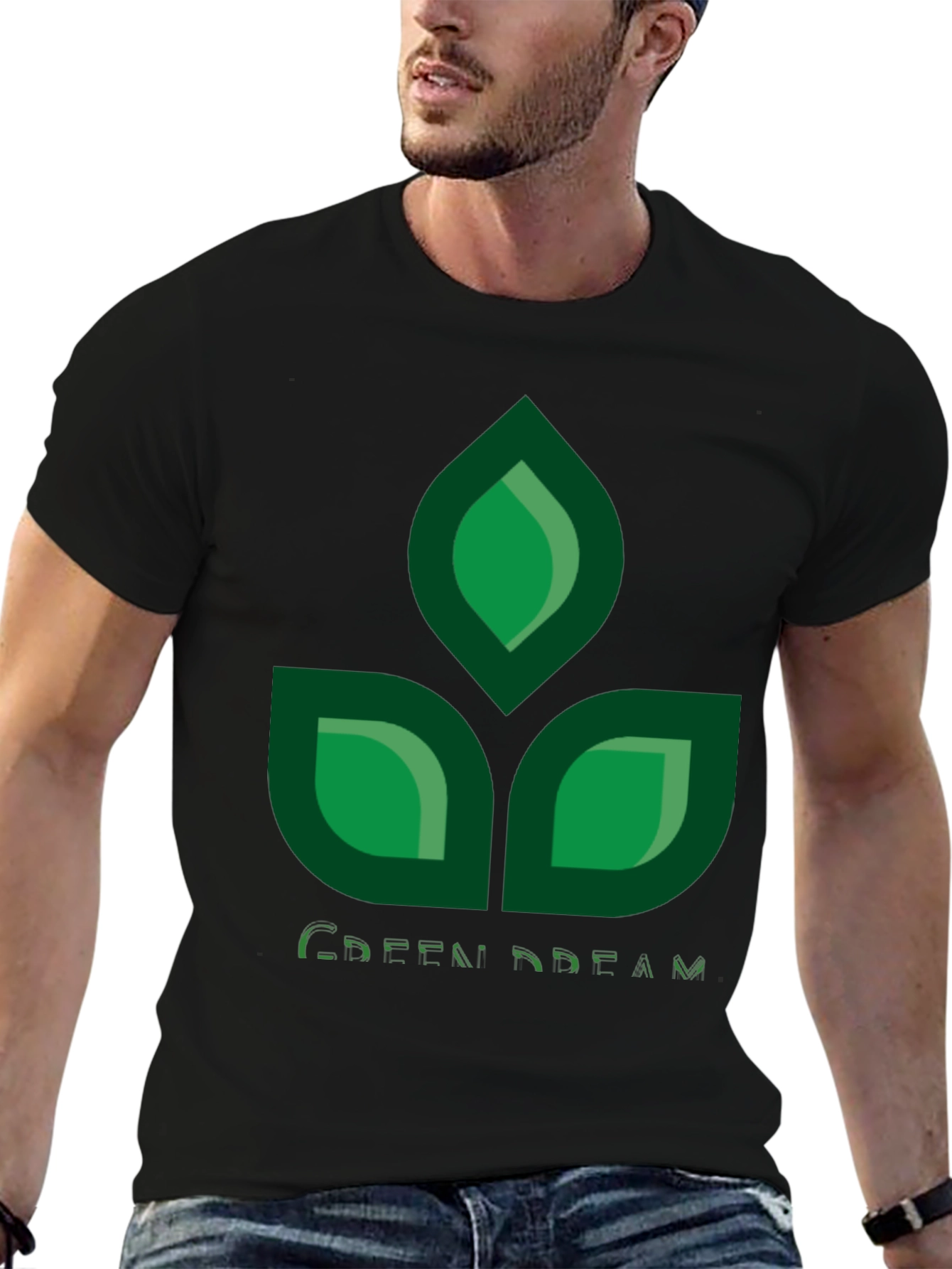 Green Dream Leaf Design Black T-Shirt