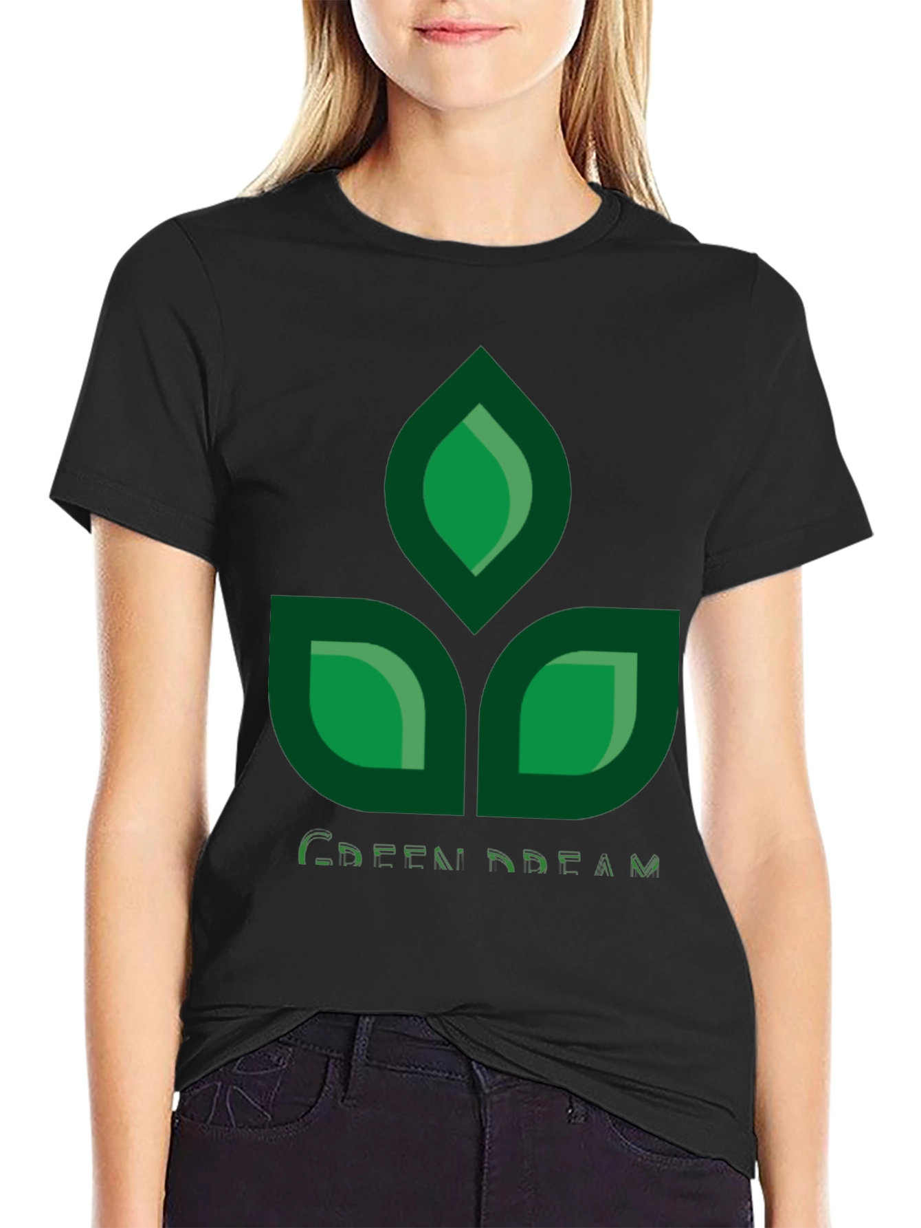 Green Dream Leaf Design Black T-Shirt