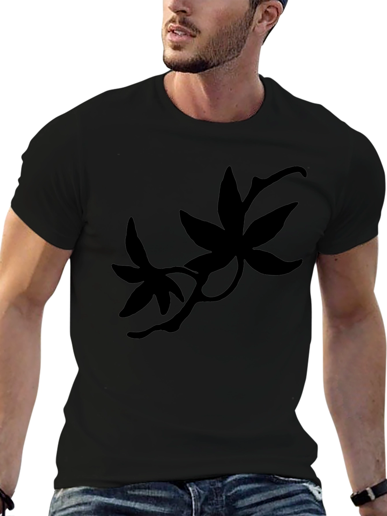 Black T-Shirt with Botanical Silhouette