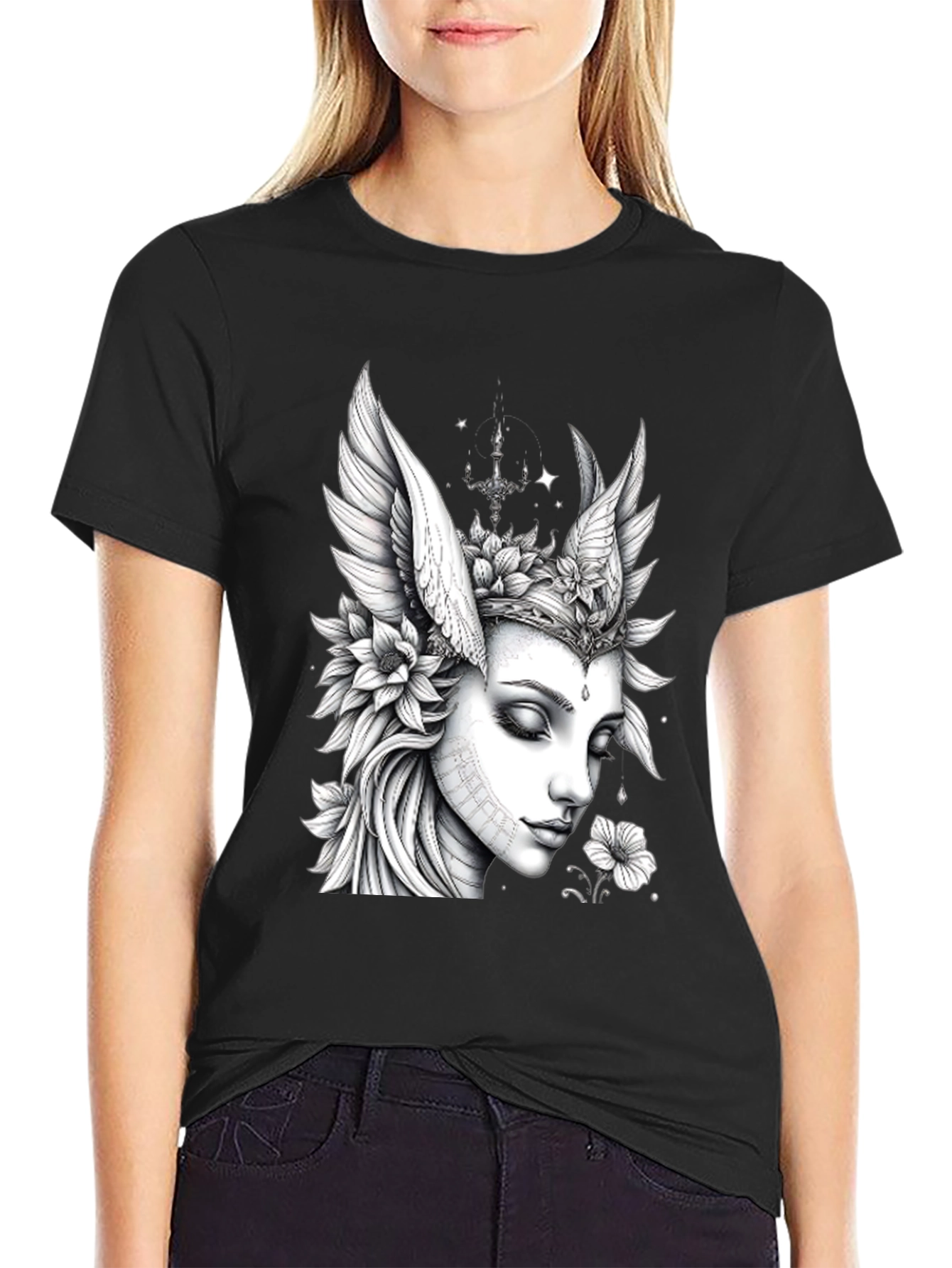 Artistic Angel Woman Graphic Black T-Shirt