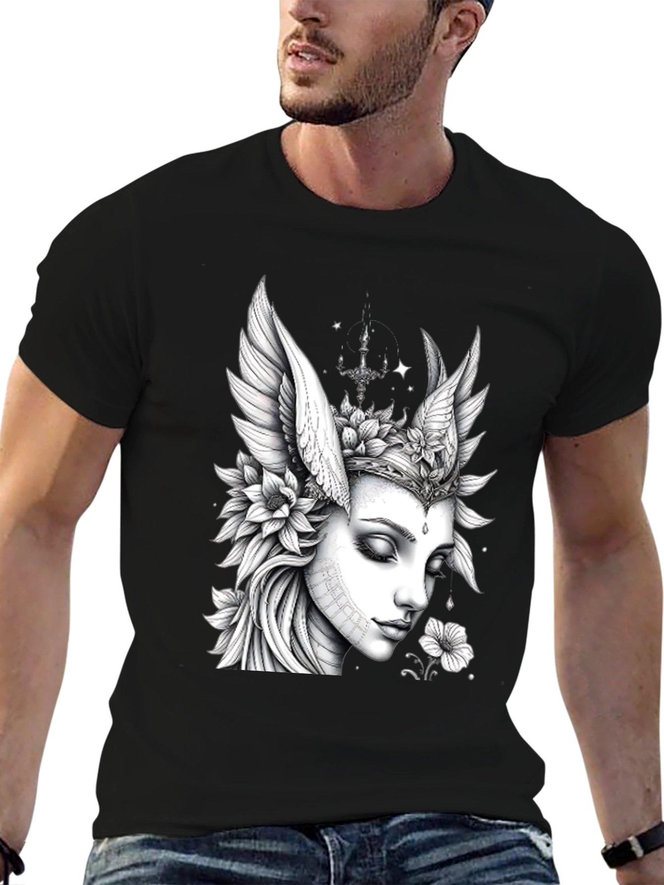 Artistic Angel Woman Graphic Black T-Shirt