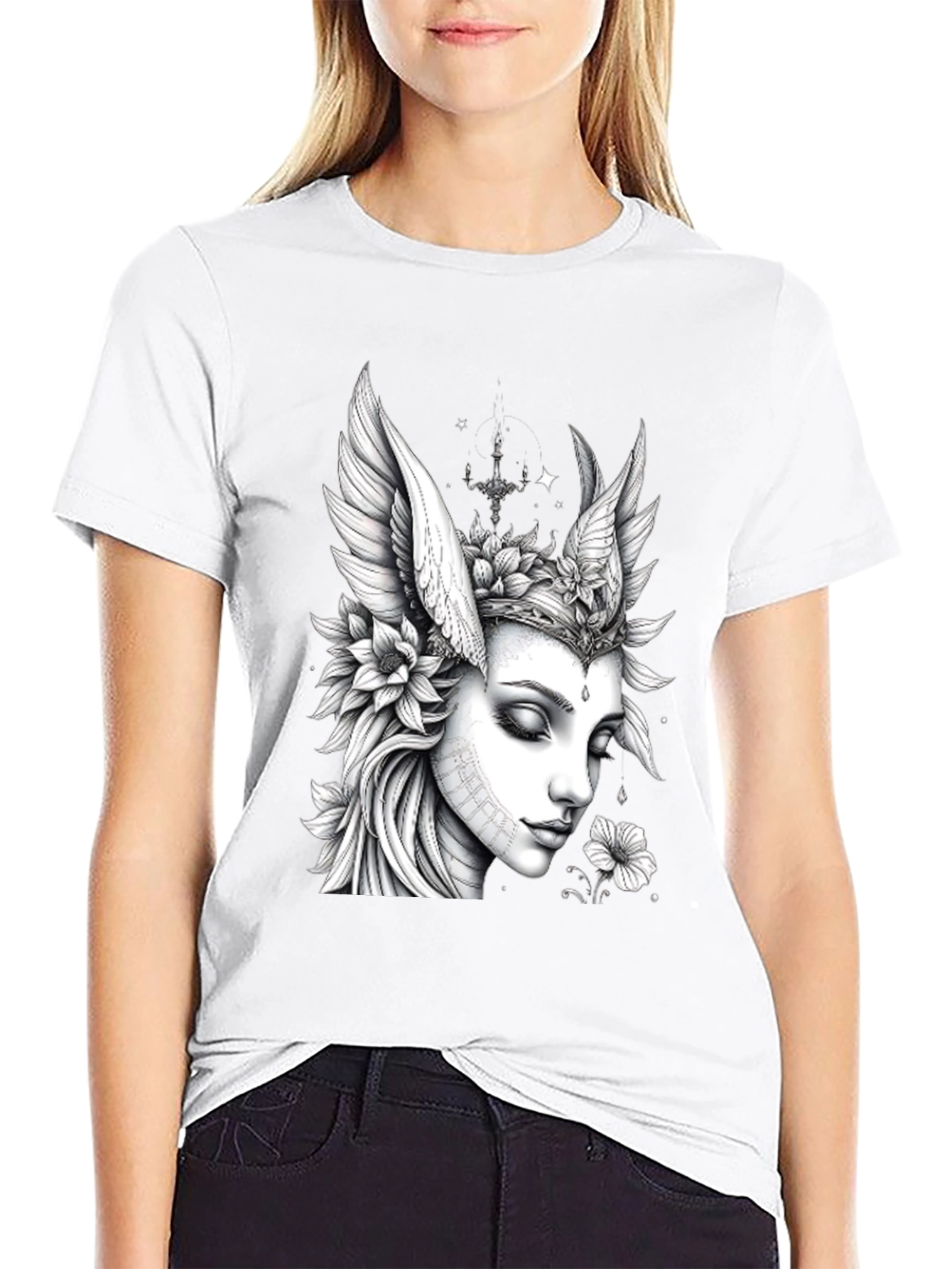 Artistic Angel Woman Graphic Black T-Shirt