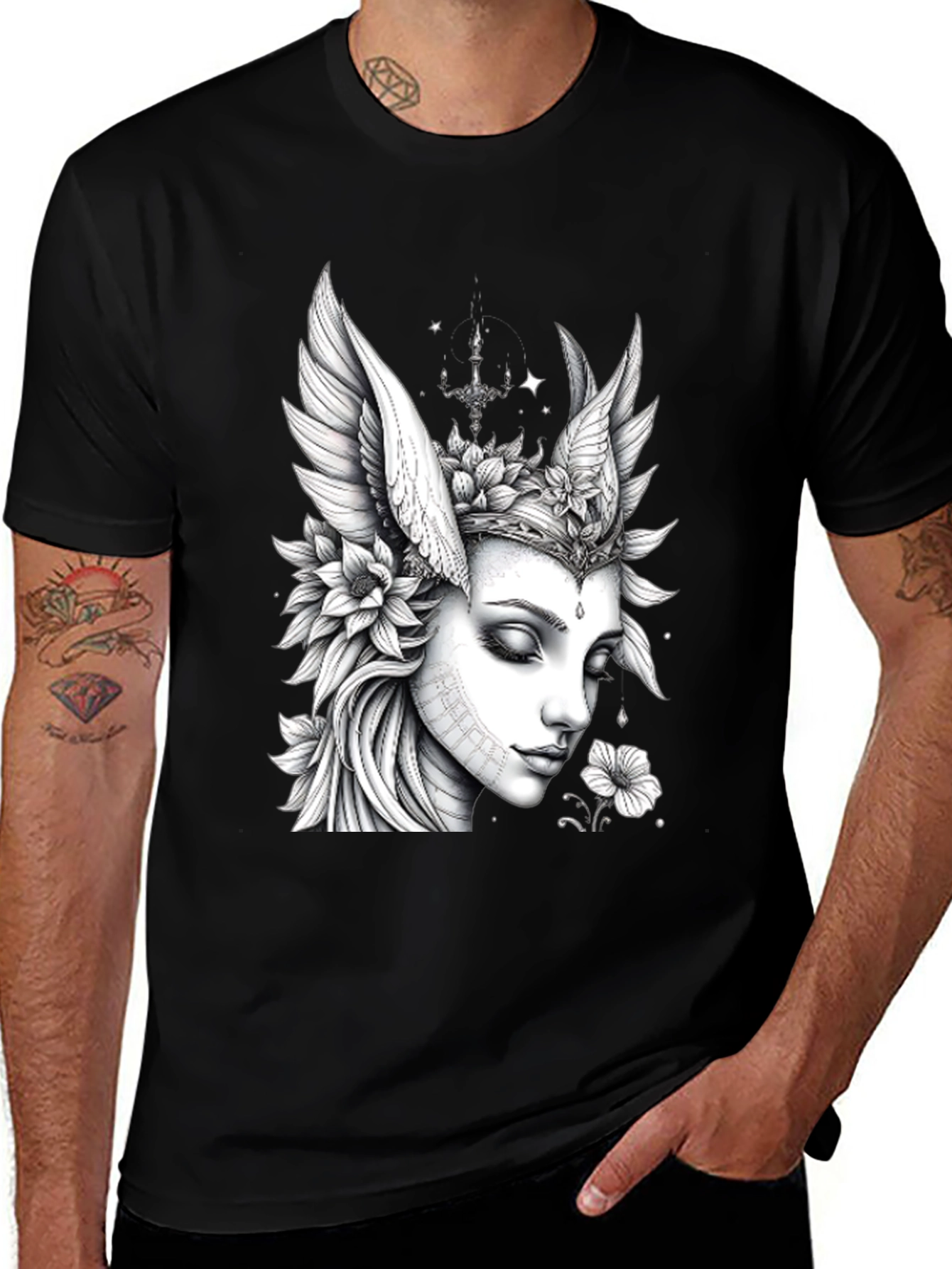 Artistic Angel Woman Graphic Black T-Shirt
