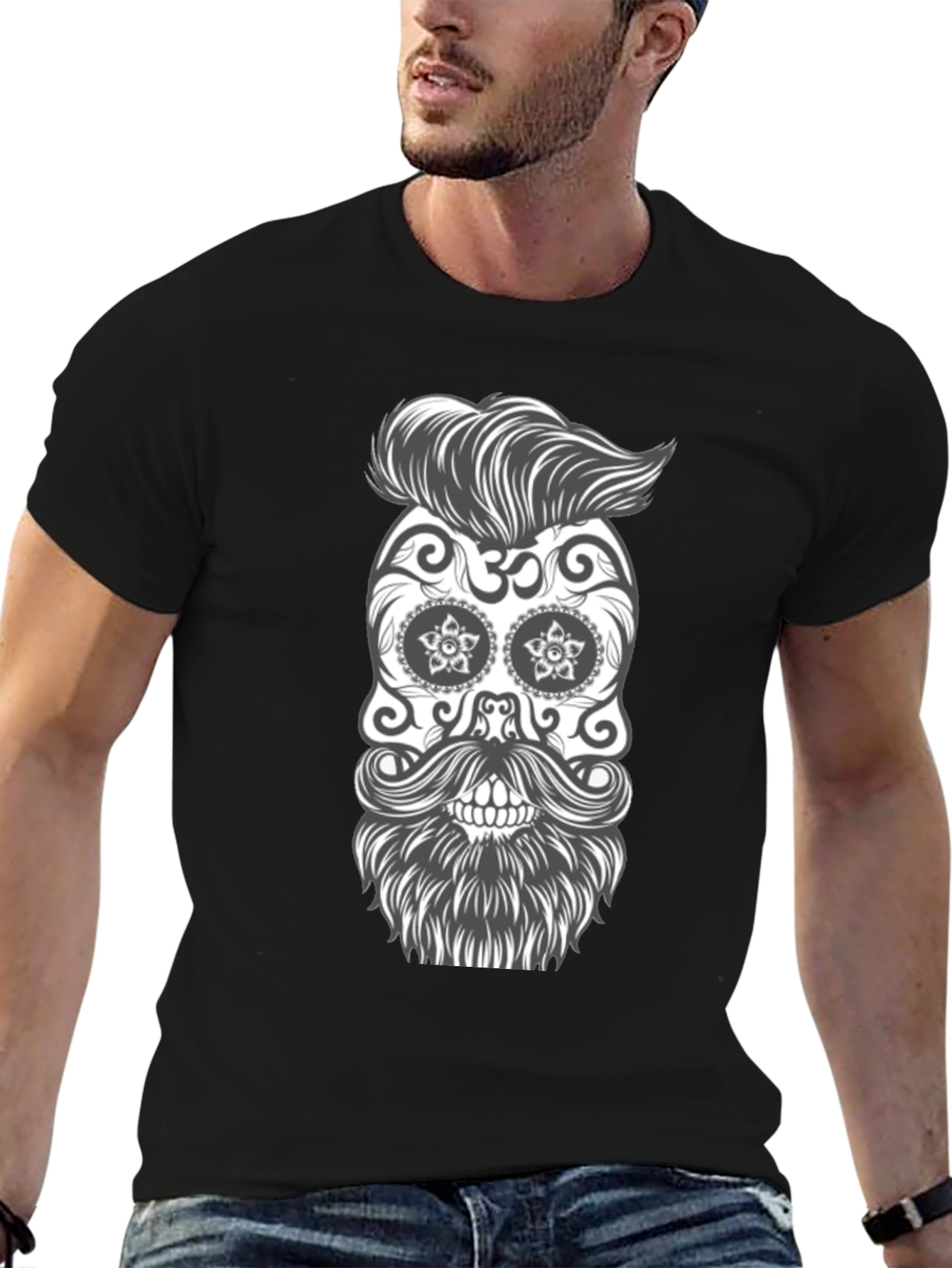 Sugar Skull Beard Graphic Tee - Black Cotton T-Shirt