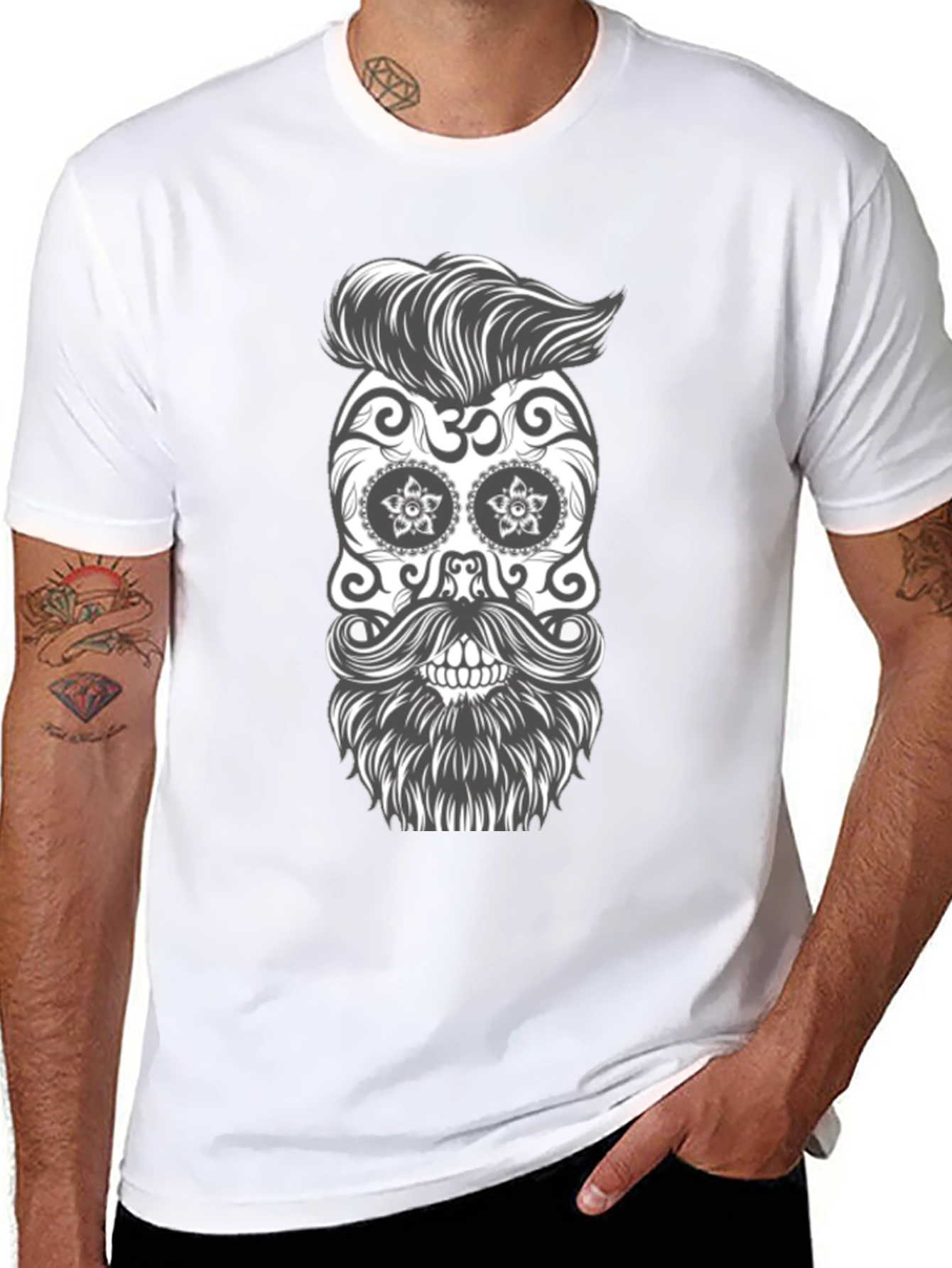 Sugar Skull Beard Graphic Tee - Black Cotton T-Shirt
