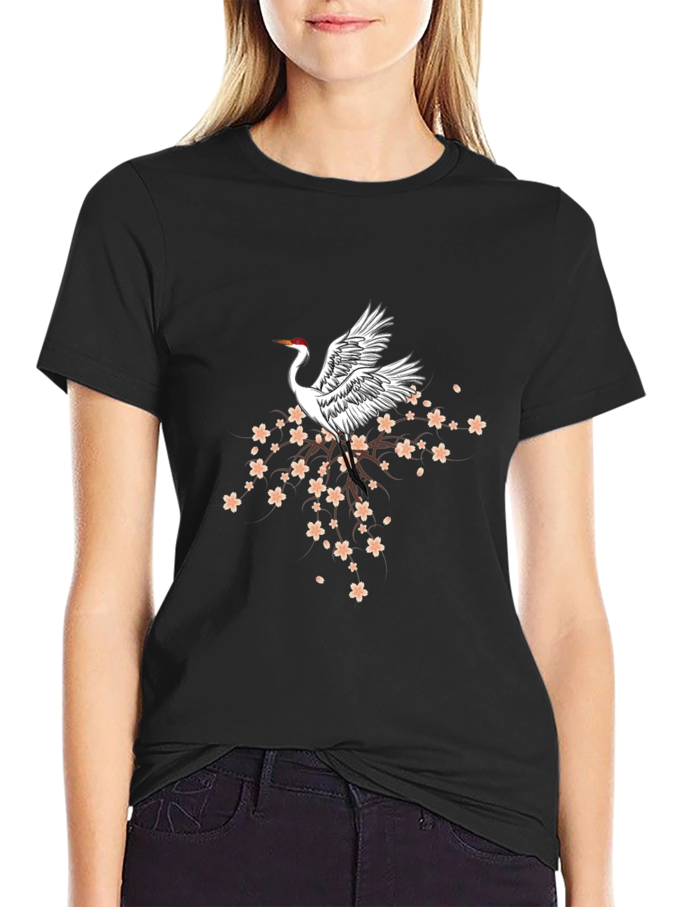 Crane & Cherry Blossom Graphic Tee - Black
