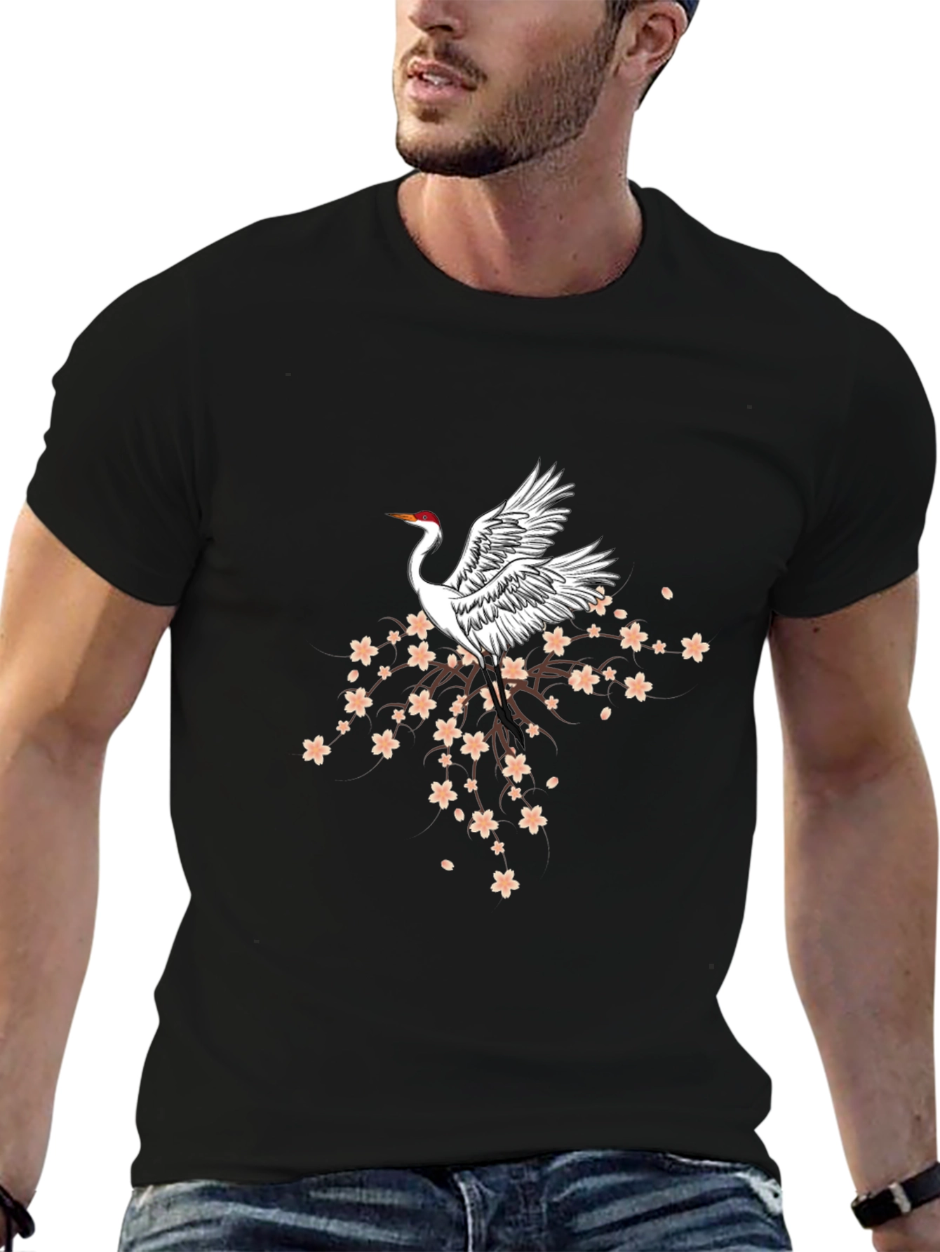 Crane & Cherry Blossom Graphic Tee - Black