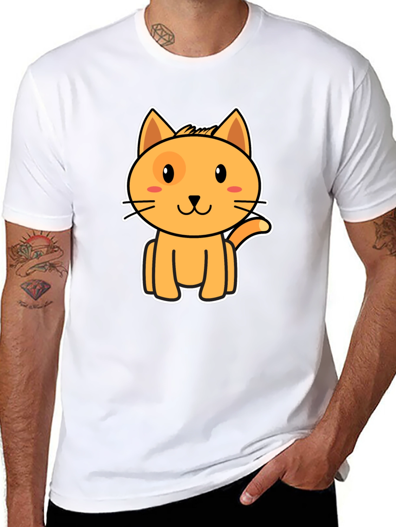 Cute Orange Cat Graphic Black T-Shirt