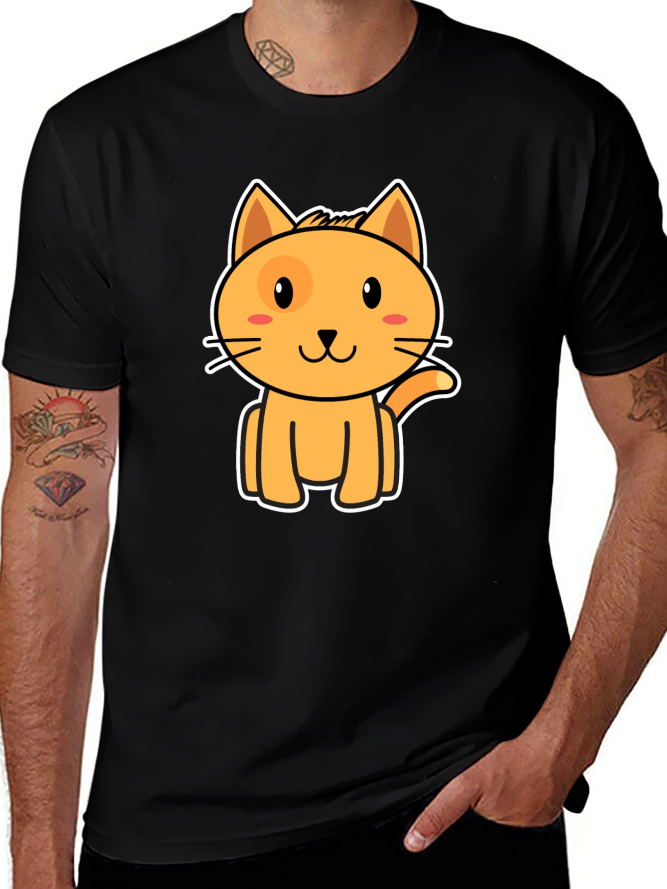 Cute Orange Cat Graphic Black T-Shirt