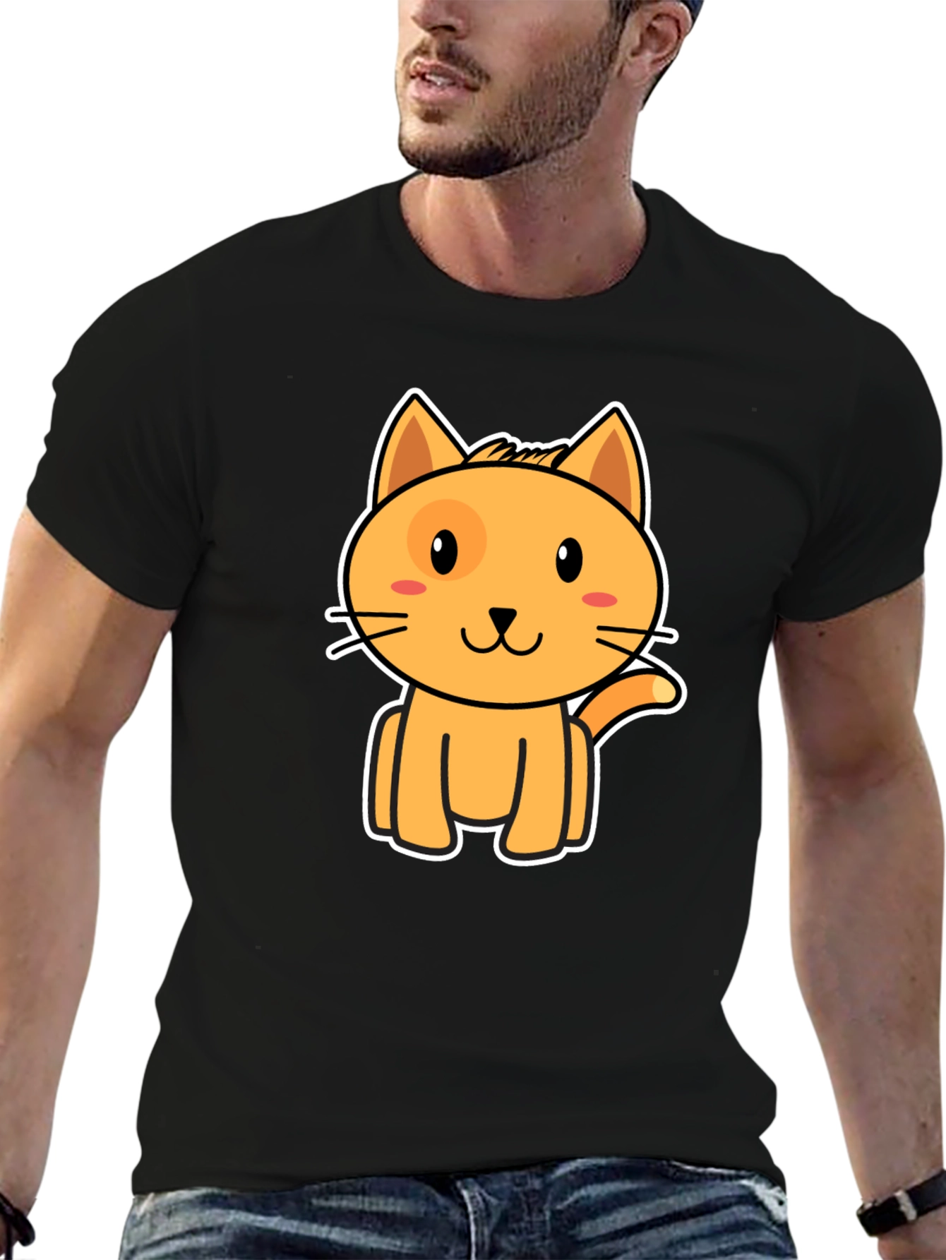 Cute Orange Cat Graphic Black T-Shirt