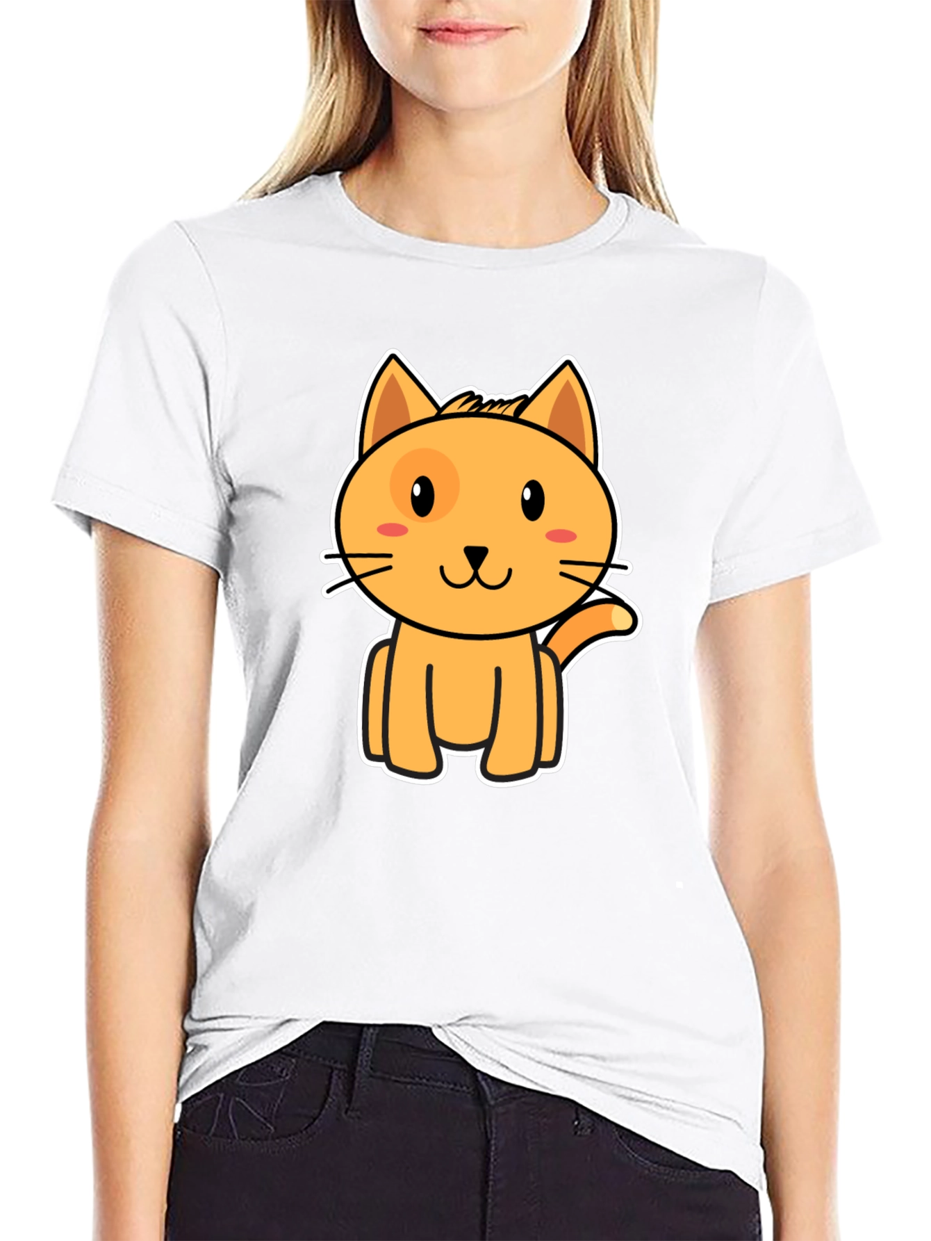 Cute Orange Cat Graphic Black T-Shirt