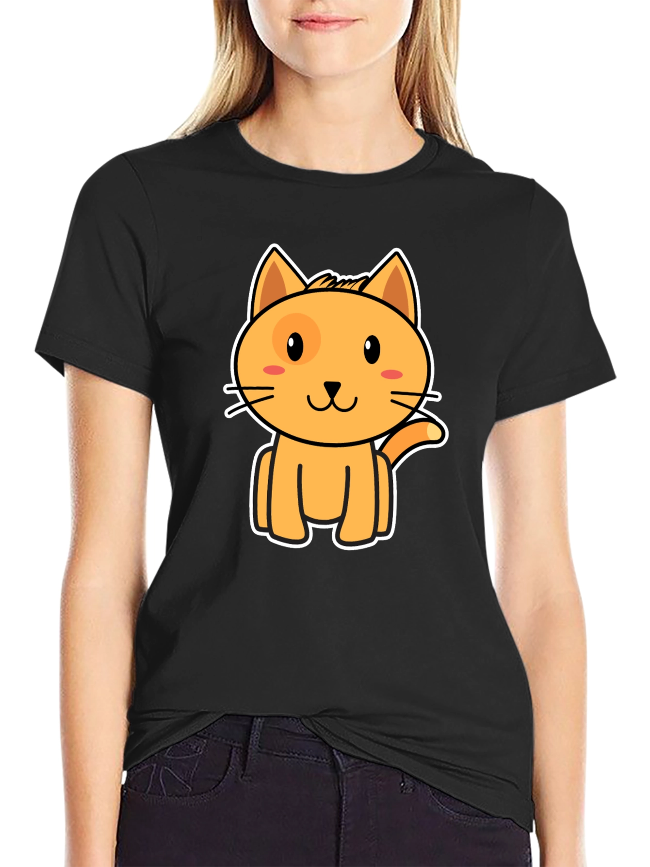 Cute Orange Cat Graphic Black T-Shirt