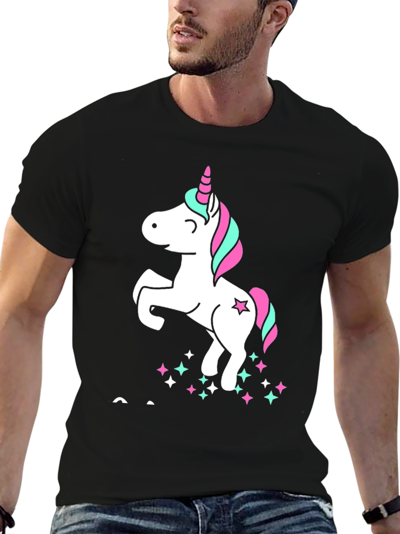 Unicorn Stars Graphic Print Black T-Shirt