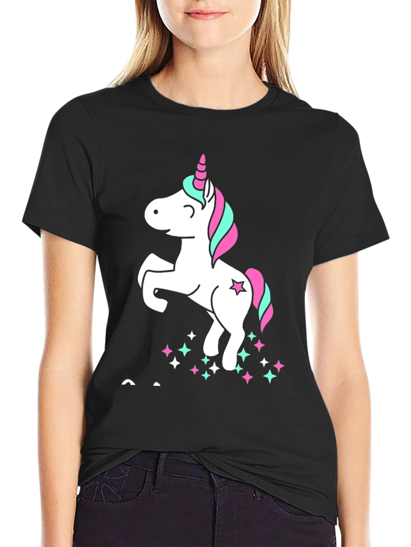 Unicorn Stars Graphic Print Black T-Shirt