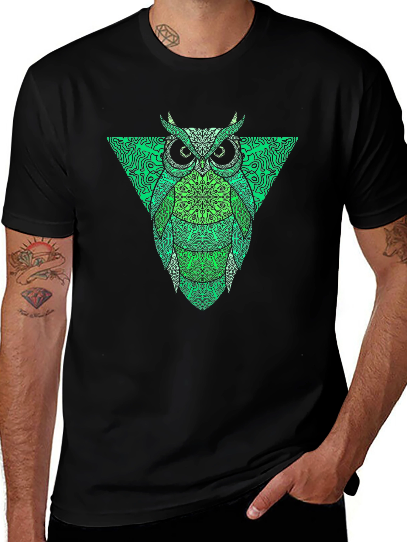 Green Owl Graphic Tee - Mens Black T-Shirt
