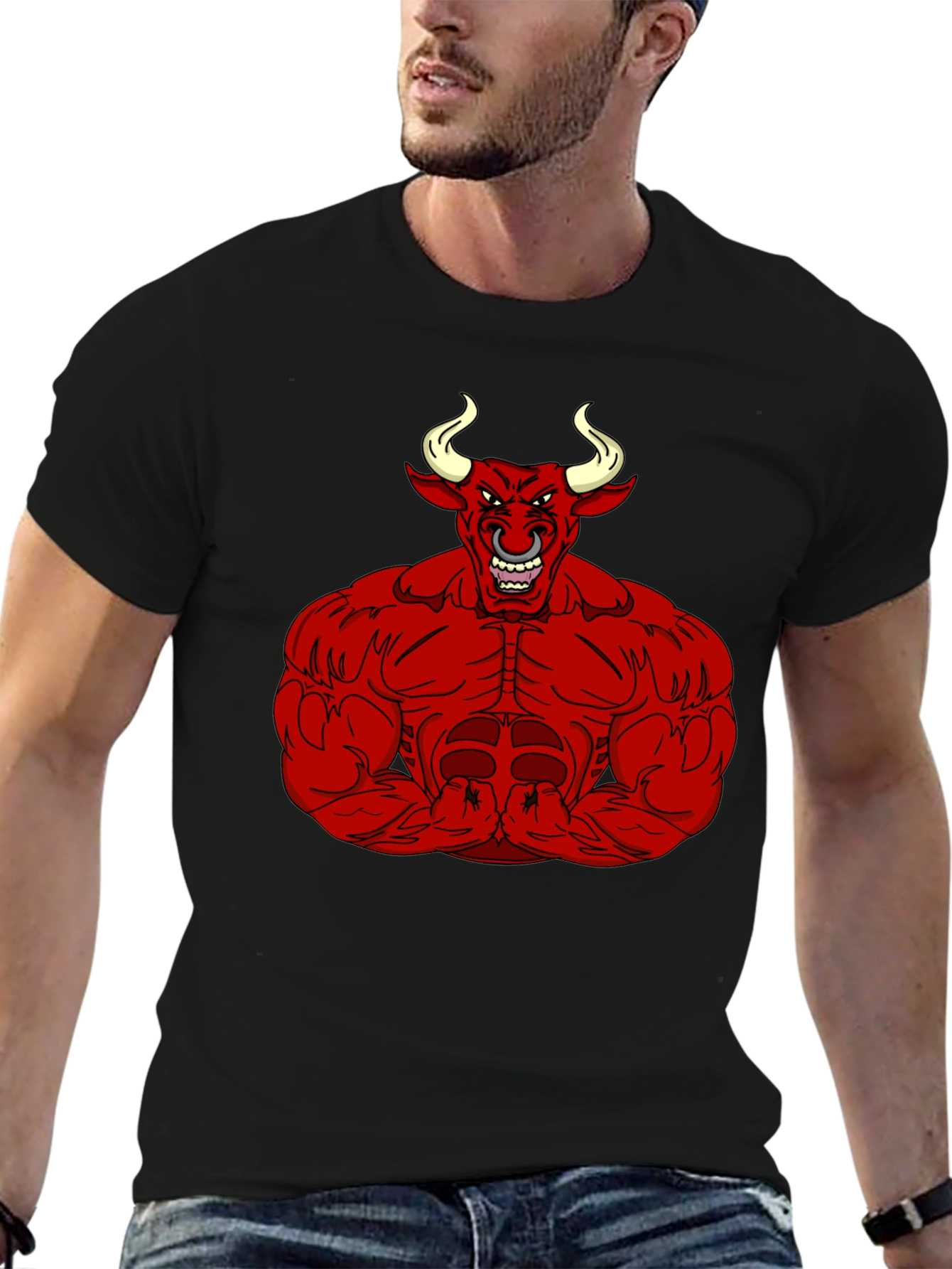 Mens Black T-Shirt with Red Bull Graphic