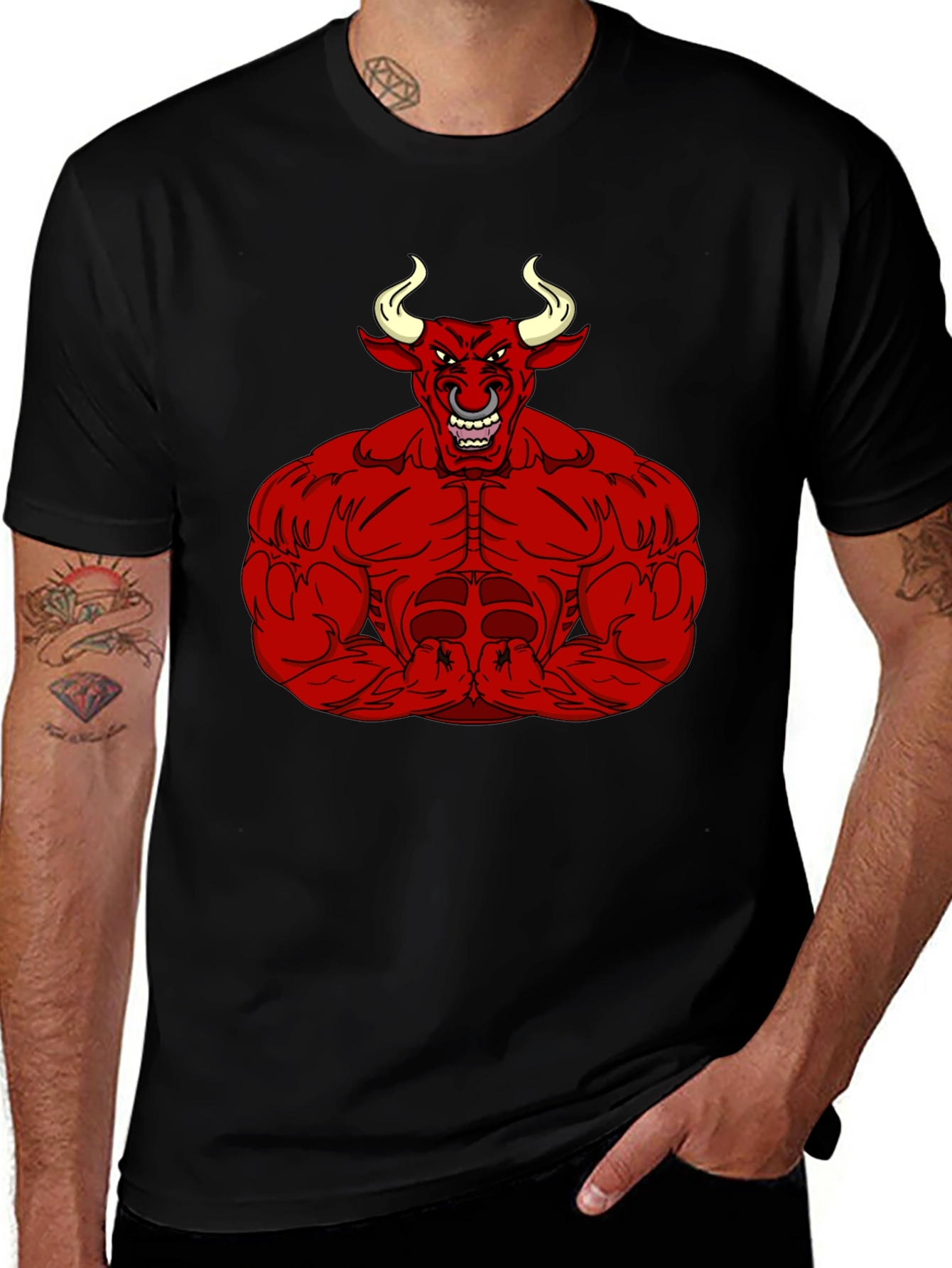 Mens Black T-Shirt with Red Bull Graphic