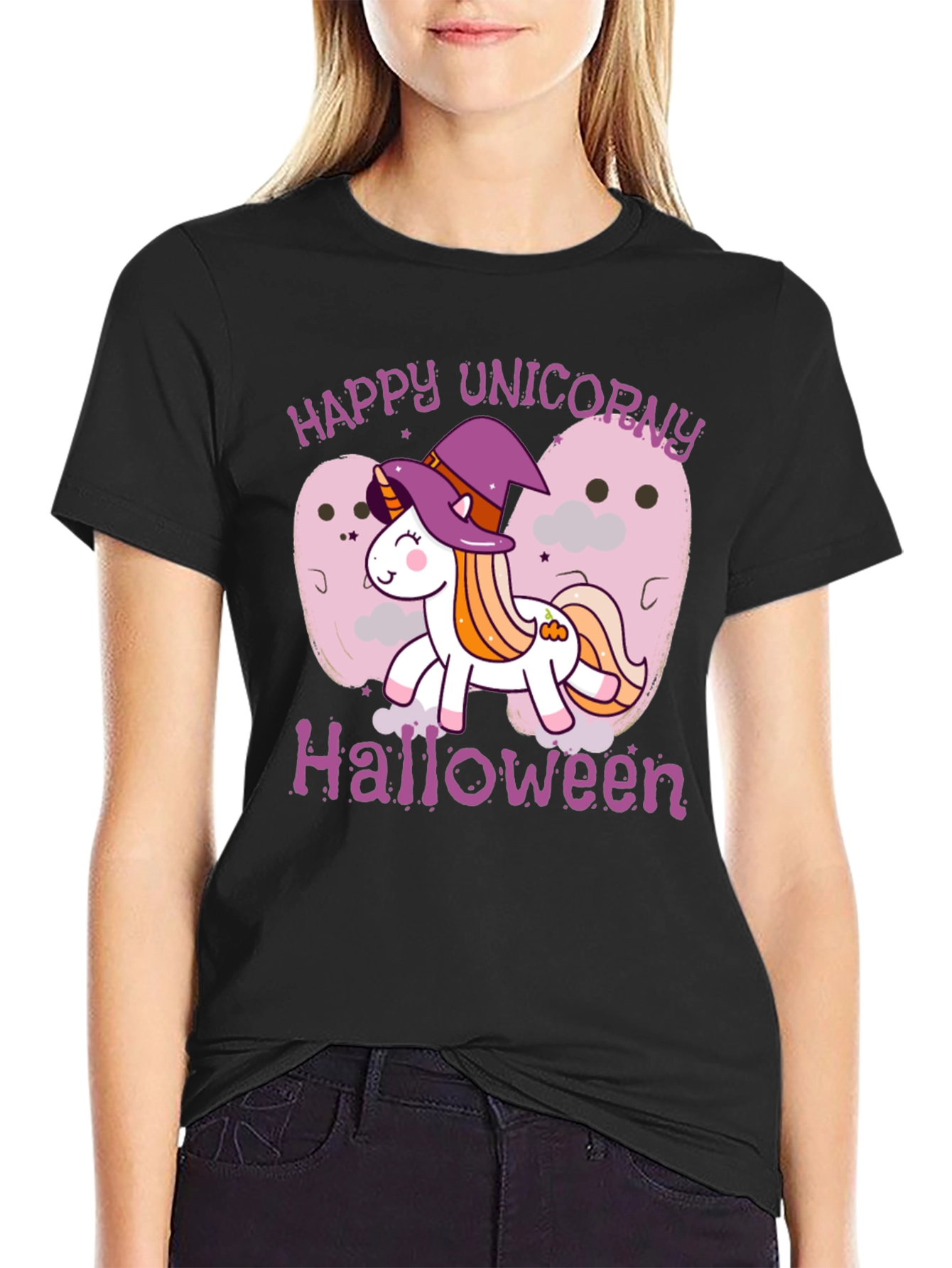 Happy Unicorn Halloween Black T-Shirt