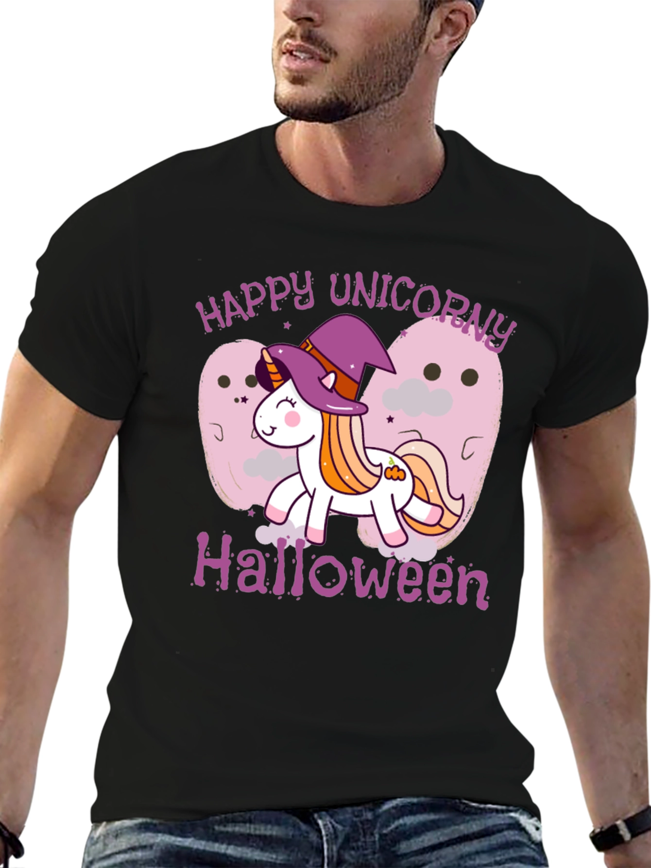 Happy Unicorn Halloween Black T-Shirt